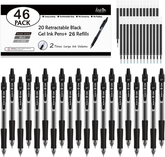 46 Pack Black Gel Ink Pens (20 Gel Pens with 26 Refills) Medium Point Retractable Writing Smooth Writing with Comfortable Grip for Office School