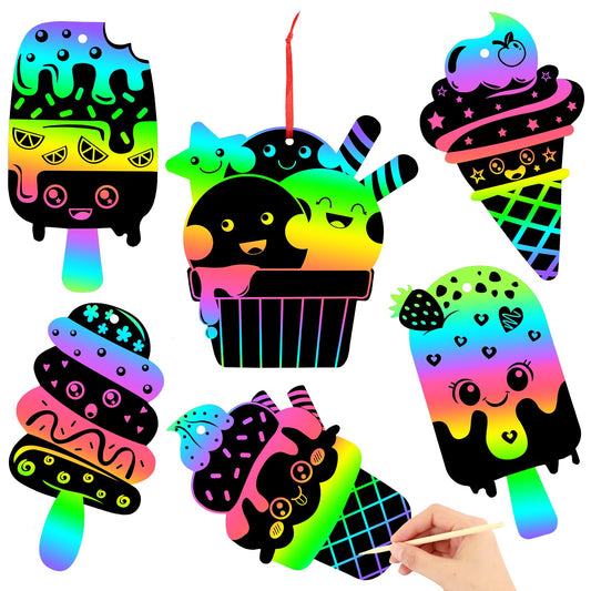 JULMELON 36 PCS Summer Crafts, Rainbow Scratch Art Summer Gifts Magic Color Ice Cream Scratch Cards DIY Sweet Candy Ornament for Party Favors School Activities