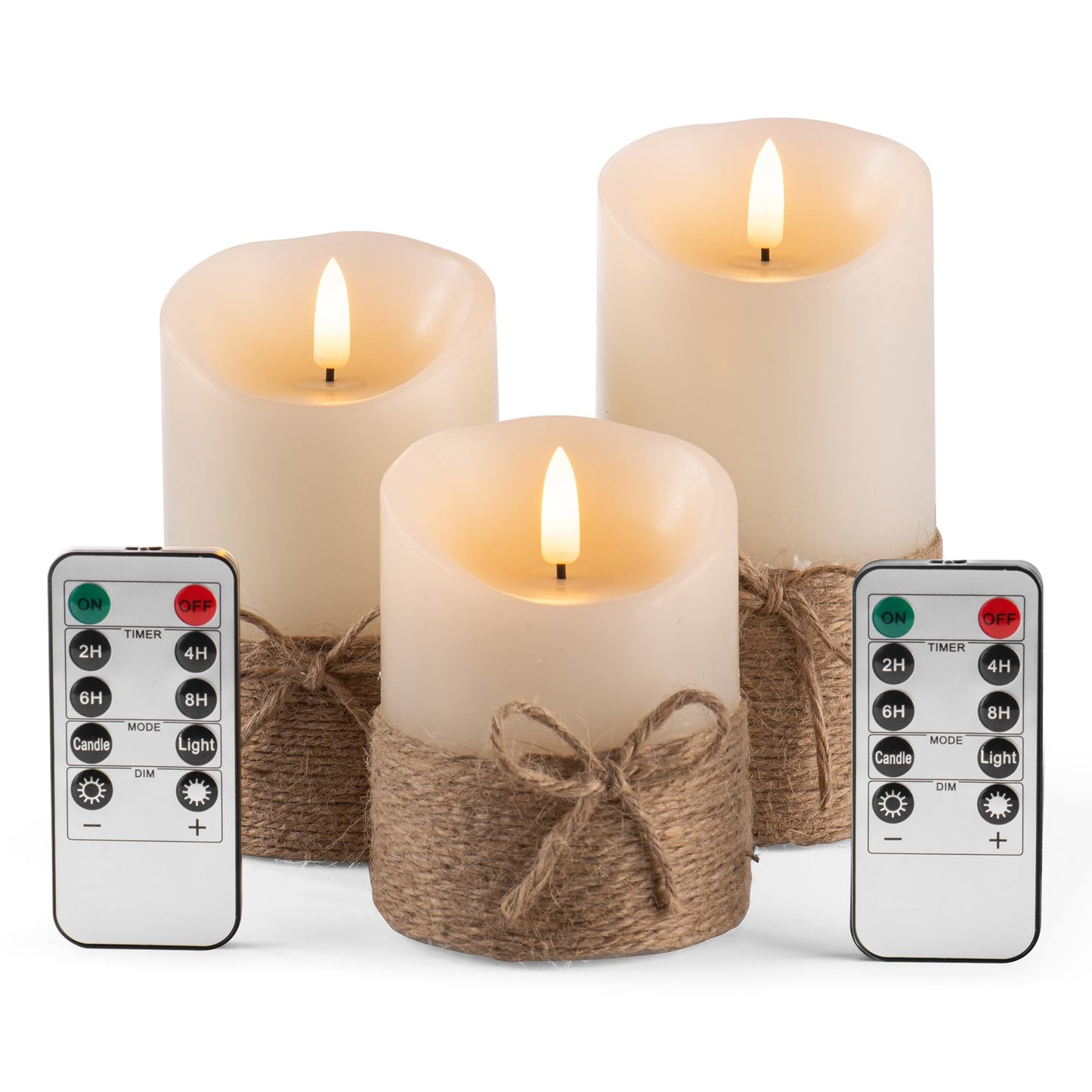 AKU TONPA Flameless Candles Battery Operated Pillar Real Wax Electric LED Candle Gift Set with Remote Control and Timer, 4" 5" 6" Pack of 3 (Ivory Wax with Hemp Rope)