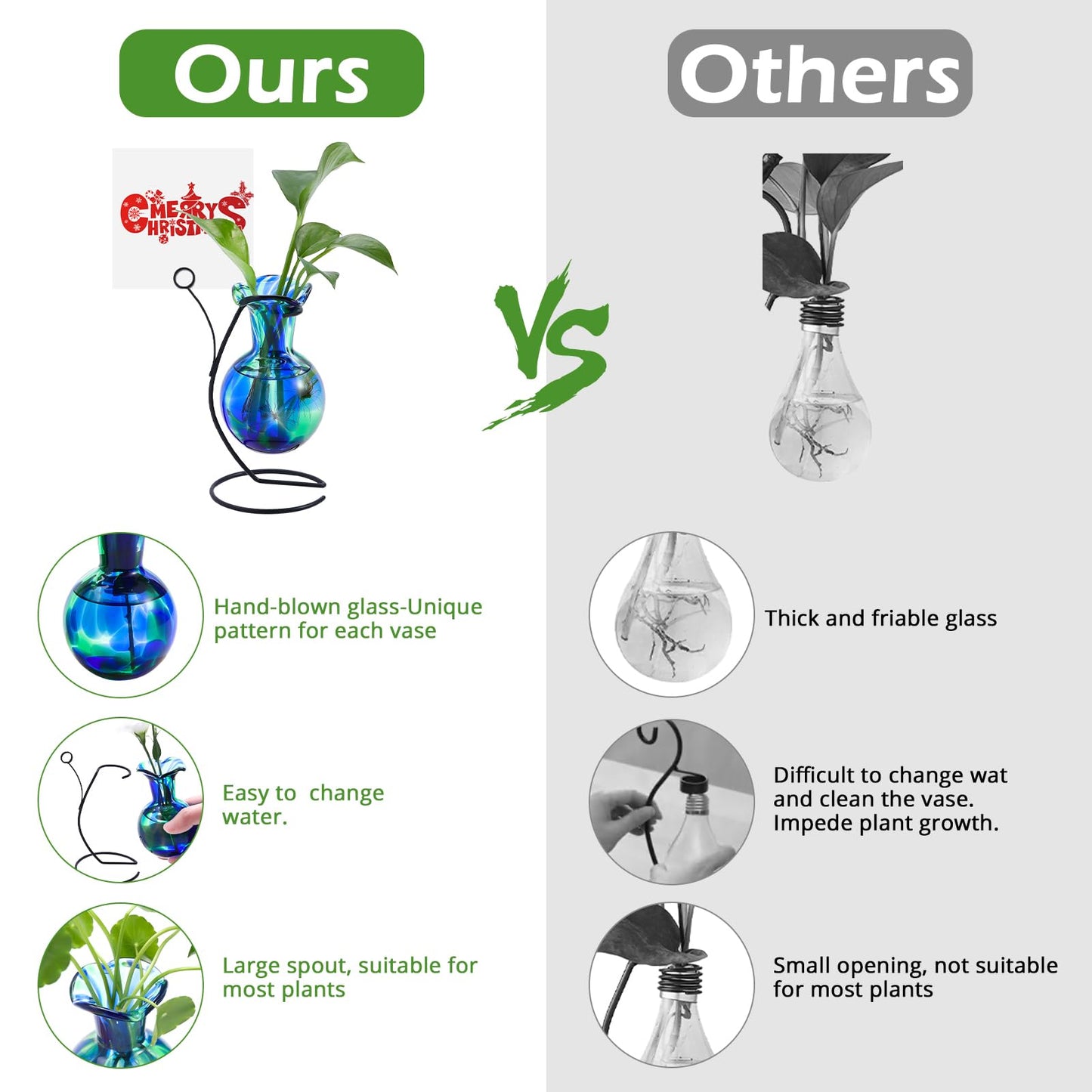 Pozfun Hand Blown Glass Plant Propagation Station with Metal Stand and Photo Holder,Tabletop Plant Terrarium for Propagating Hydroponic Office Garden Home Decor, Gifts for Women Plant Lover