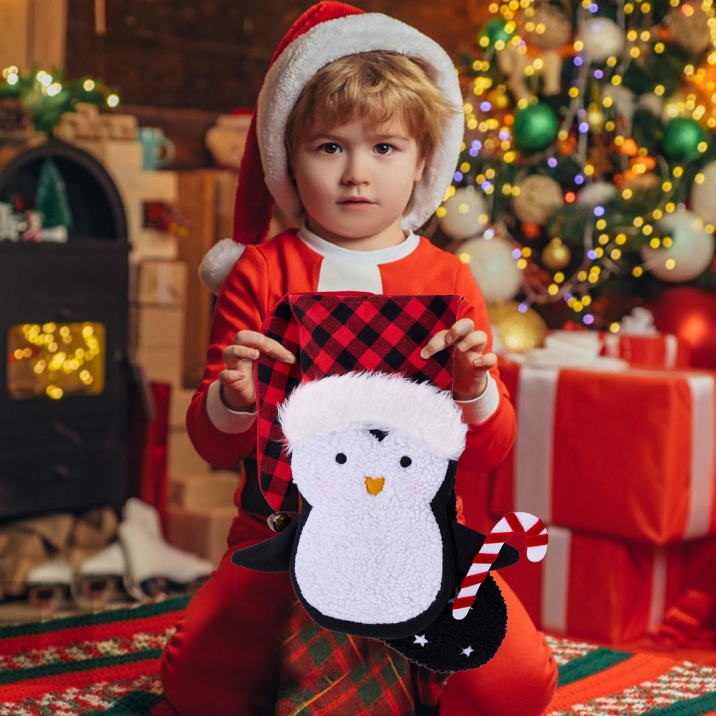 Munidow 3 Pack 18" Large Christmas Stocking, 3D Plush Christmas Stocking Santa Penguin Fur Xmas Stocking Holiday Christmas Decoration Gifts for Family Holiday Christmas Party Decorations D1