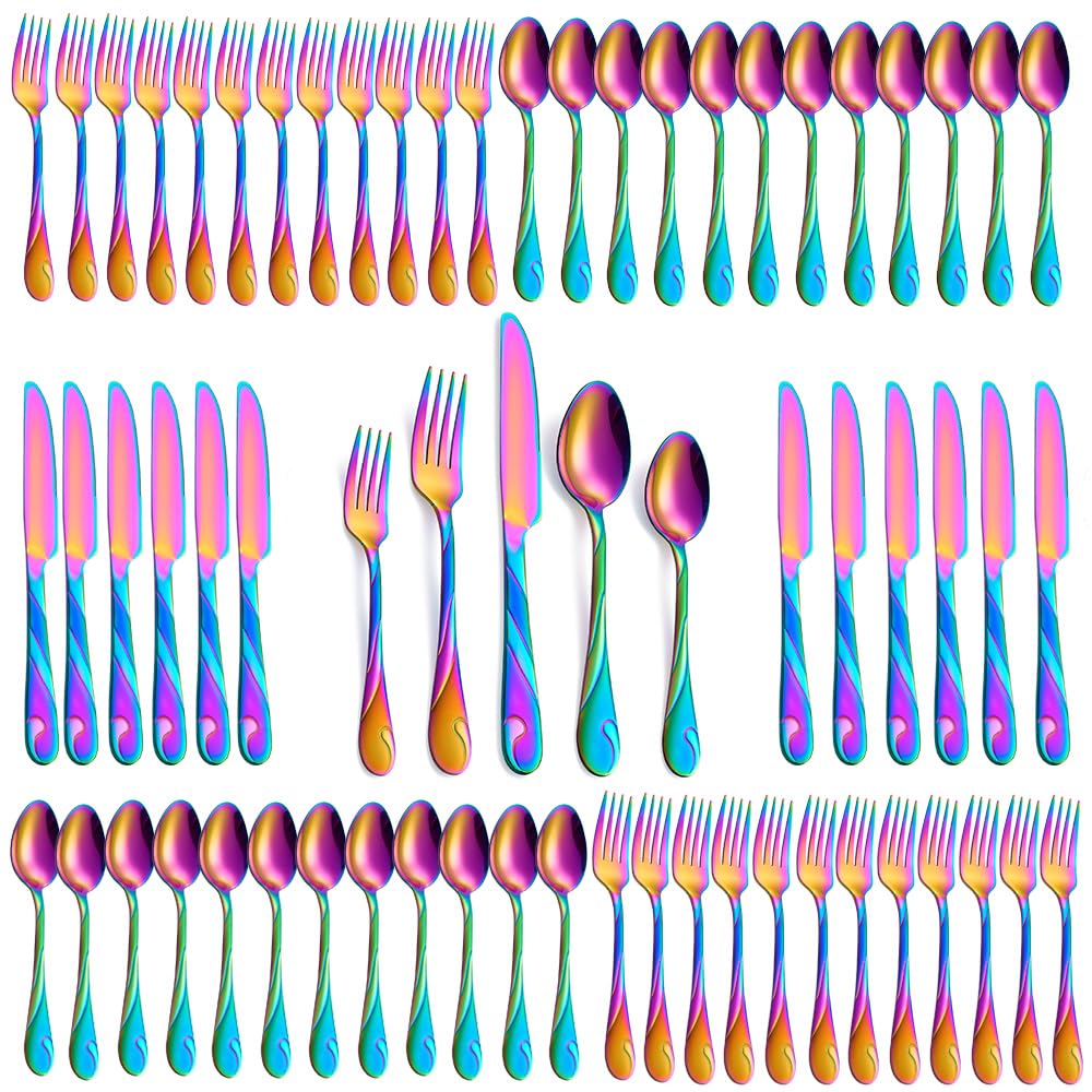 Seeshine Rainbow Silverware Set for 12, 60-Piece Stainless Steel Flatware Set, Shiny Rainbow Metal Cutlery Set, Include Fork, Knife and Spoon Set, Dishwasher Safe