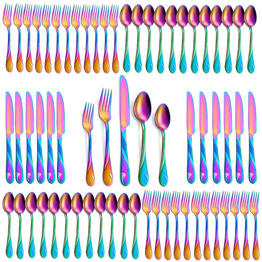 Seeshine Rainbow Silverware Set for 12, 60-Piece Stainless Steel Flatware Set, Shiny Rainbow Metal Cutlery Set, Include Fork, Knife and Spoon Set, Dishwasher Safe