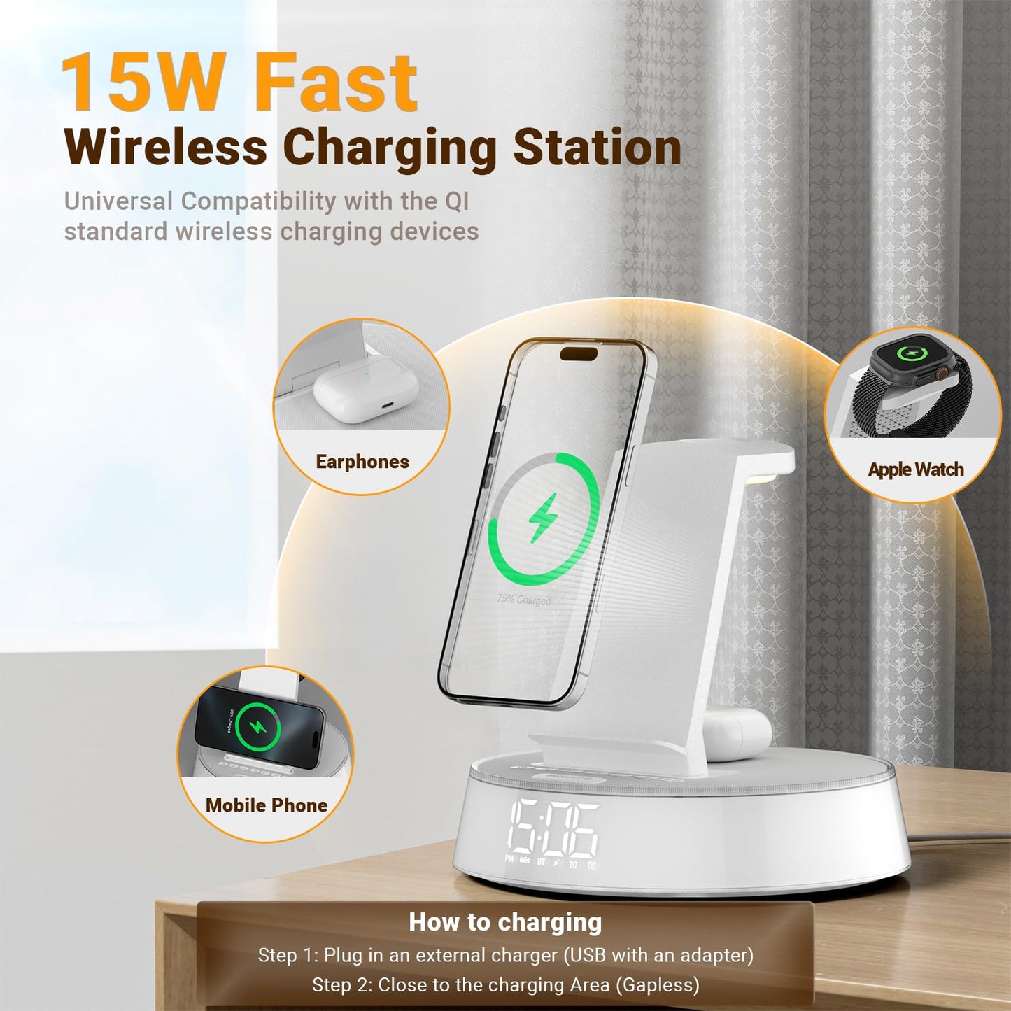 Alarm Clocks for Bedrooms with Wireless Charging Station, iPhone Charging Station with Dimmable Night Light Bluetooth Speaker, Wireless Charger for iPhone 16 15 14 13 Pro Max, Apple Watch, AirPods 3