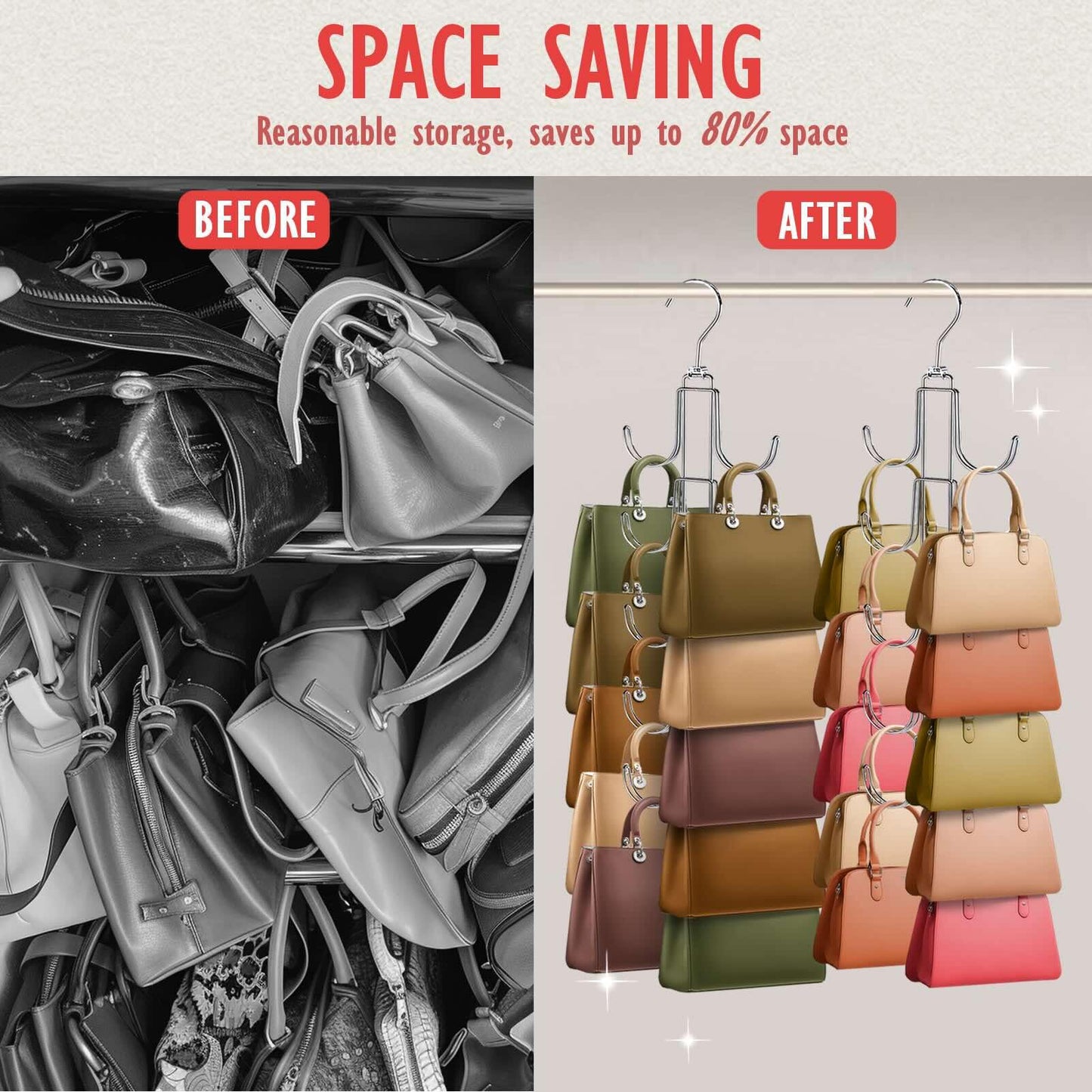 Purse Organizer for Closet, Upgraded Purse Hanger with 10 Big Hooks, 360 Degree Rotation for Better Organizer&Display, Collapsible Space Saving Hangers Rack for Handbag, Belt, Scarve, Tie