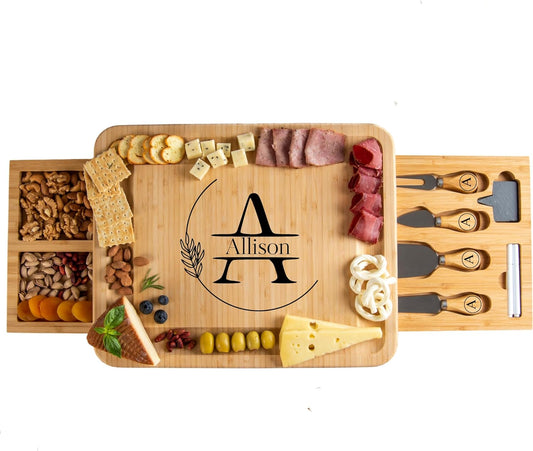 Personalized Bamboo Charcuterie Board Set with Accessories – Large Serving Tray with Knives & Smooth Surface for Cutting or Serving, Present for Wedding, Anniversary, Housewarming Gift for New Home