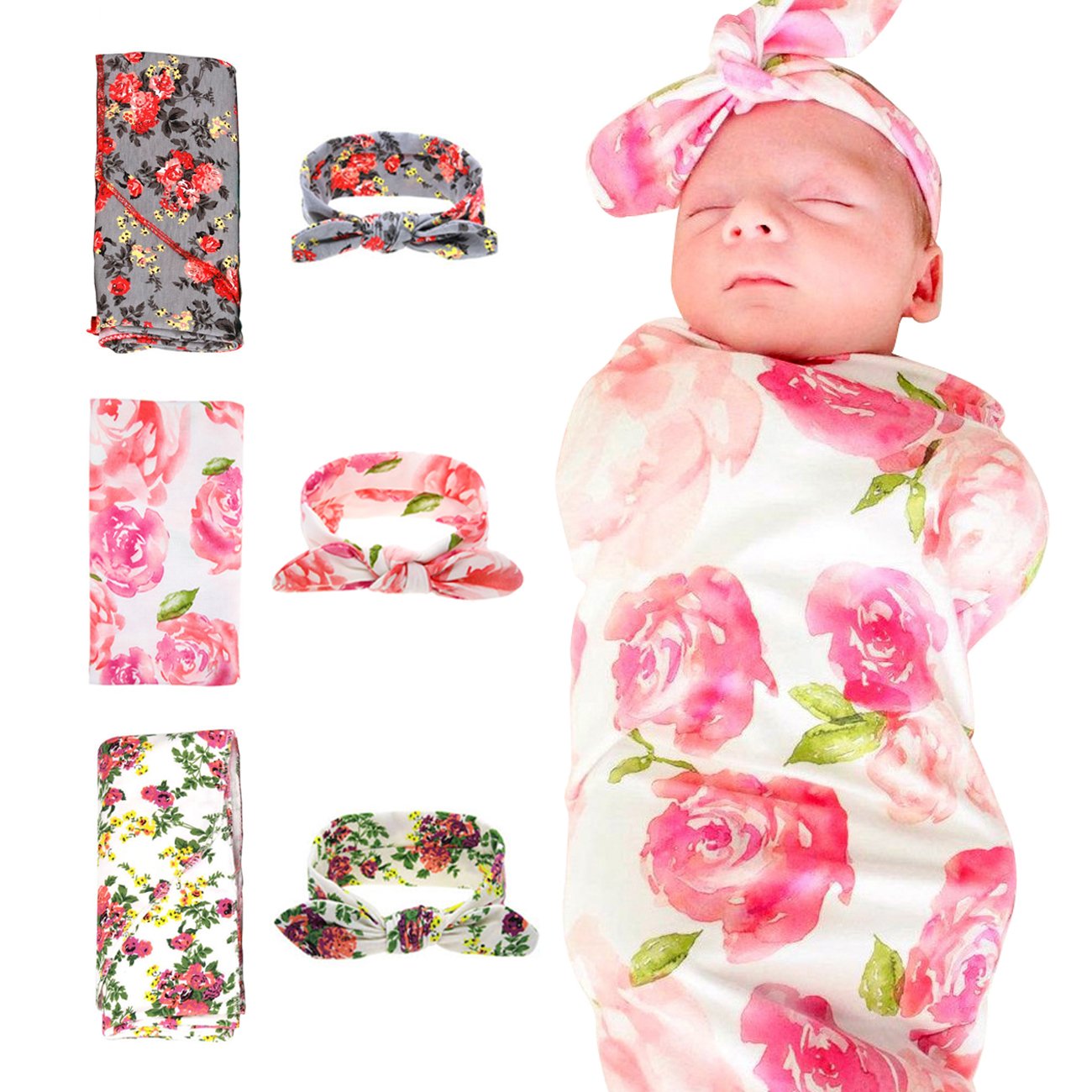DRESHOW BQUBO 3 Sets Receiving Blanket with Headbands Newborn Baby Floral Printed Baby Shower Swaddle Gift