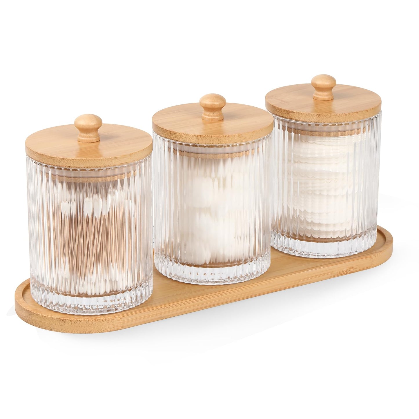 3 Pack Qtip Holder - Bathroom Organizers and Storage, Cotton Round Holder Floss Pick Holder Cotton Ball Holder with Tray, Glass Apothecary Jars with Lids, Cotton Swab Dispenser Set -sw clear y