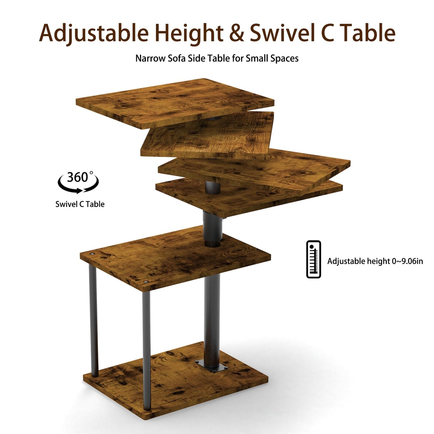 Faesun Swivel Side Table for Couch Arm, Height Adjustable C Shaped End Table for Recliner or Bed, Tv Trays with Storage Shelf for Small Spaces- Small Nightstand for Living Room, Bedroom