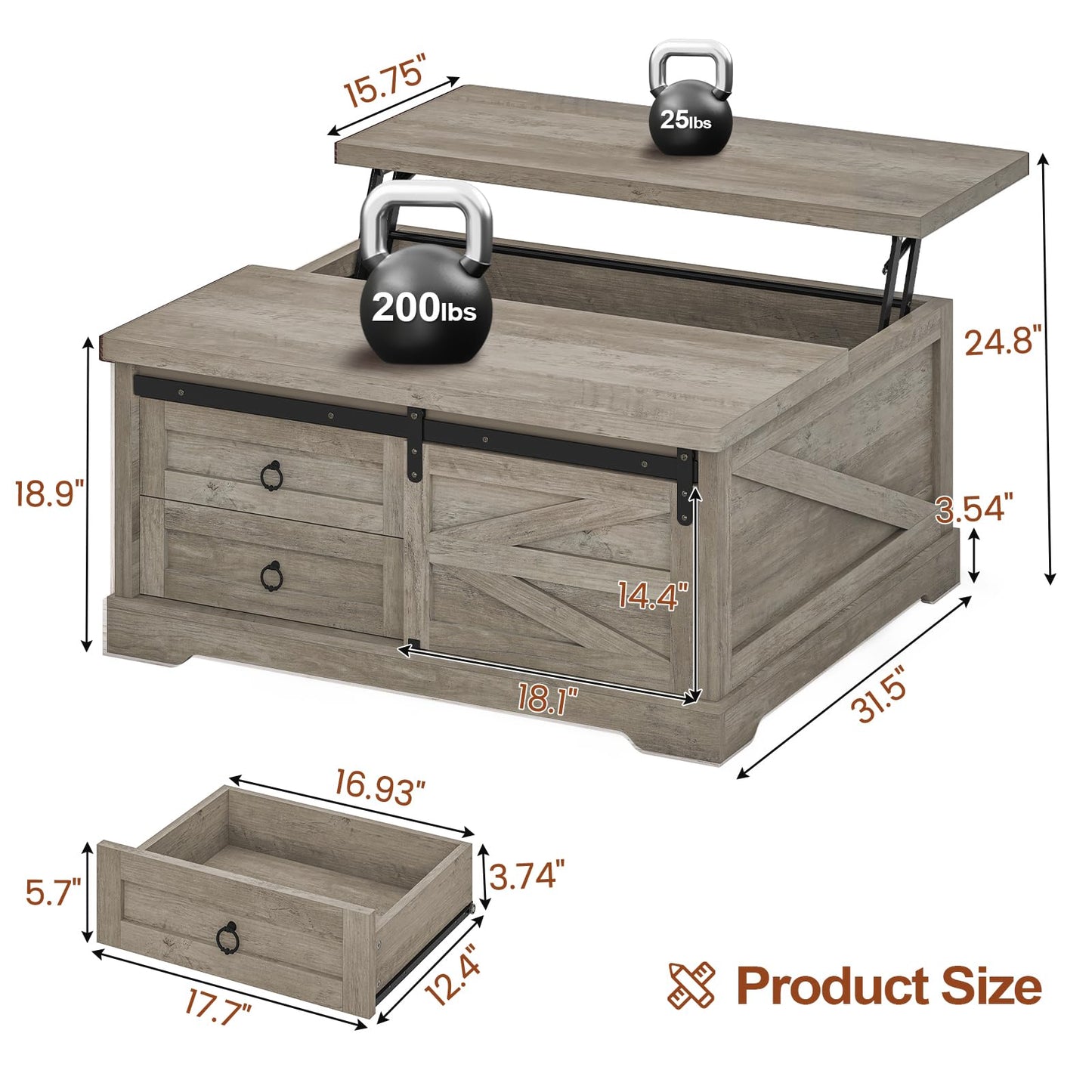 Itaar 39.4'' Lift Top Coffee Table with Storage, Farmhouse Coffee Tables for Living Room, Square Coffee Table with Large Hodden Compartment & 2 Drawrs & Adjustables Shelves (Gray)