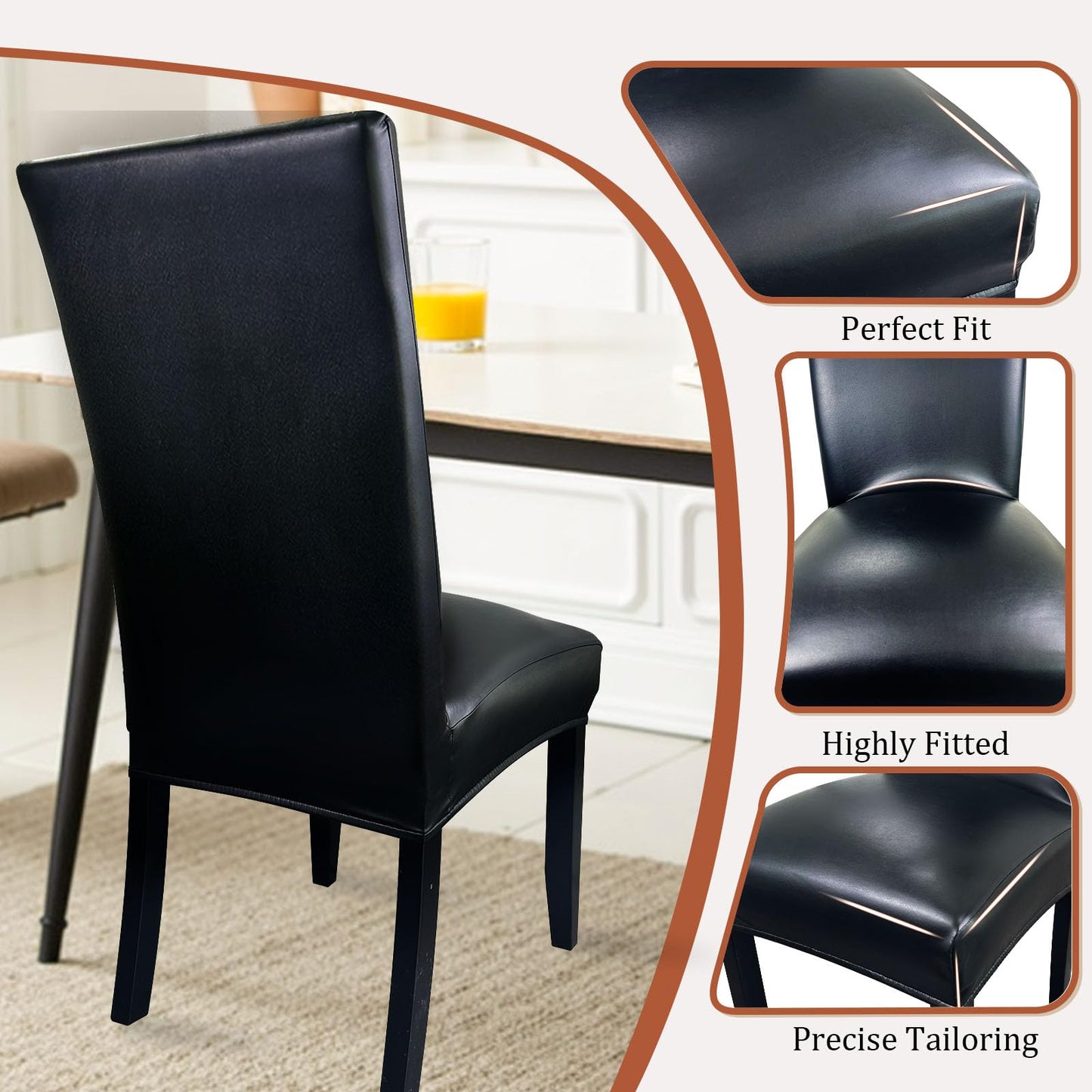 Pu Leather Dining Chair Covers set of 4, Waterproof Kitchen Chair Covers for Protecting Chairs from Stain/Scratch, Soft & Elastic Parsons Chair Slipcover Well-Fitted for Dinning Room(Black, 4Pcs)