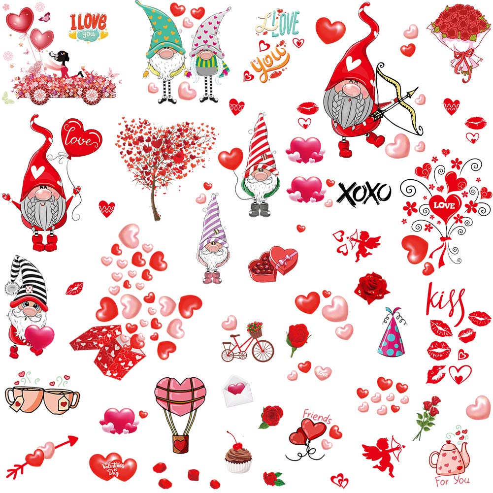 9 Sheets Valentine's Day Window Decals Clings Decorations, 149pcs Gnome Heart Window Stickers for Valentines Day, Glass Windows, Party, Wedding, Anniversary Ornaments Supplies