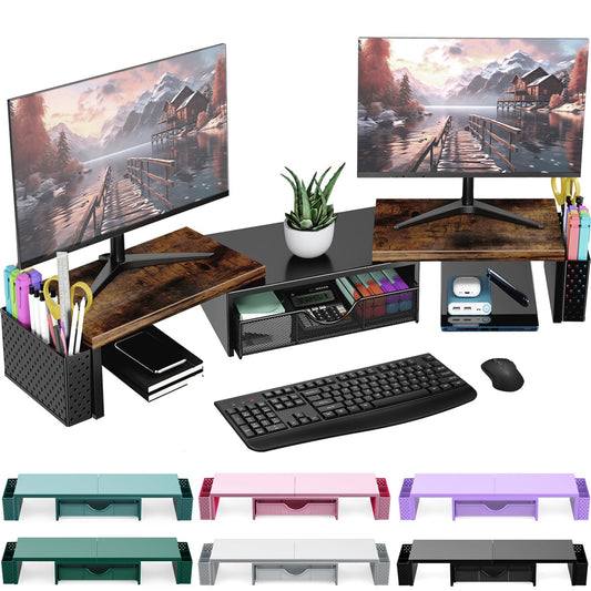 Spacrea Metal Desk Organizers and Accessories, Dual Monitor Stand Riser with Drawer and 2 Pen Holders, Desk Accessories & Workspace Desktop Organizers for Office Supplies (Black)