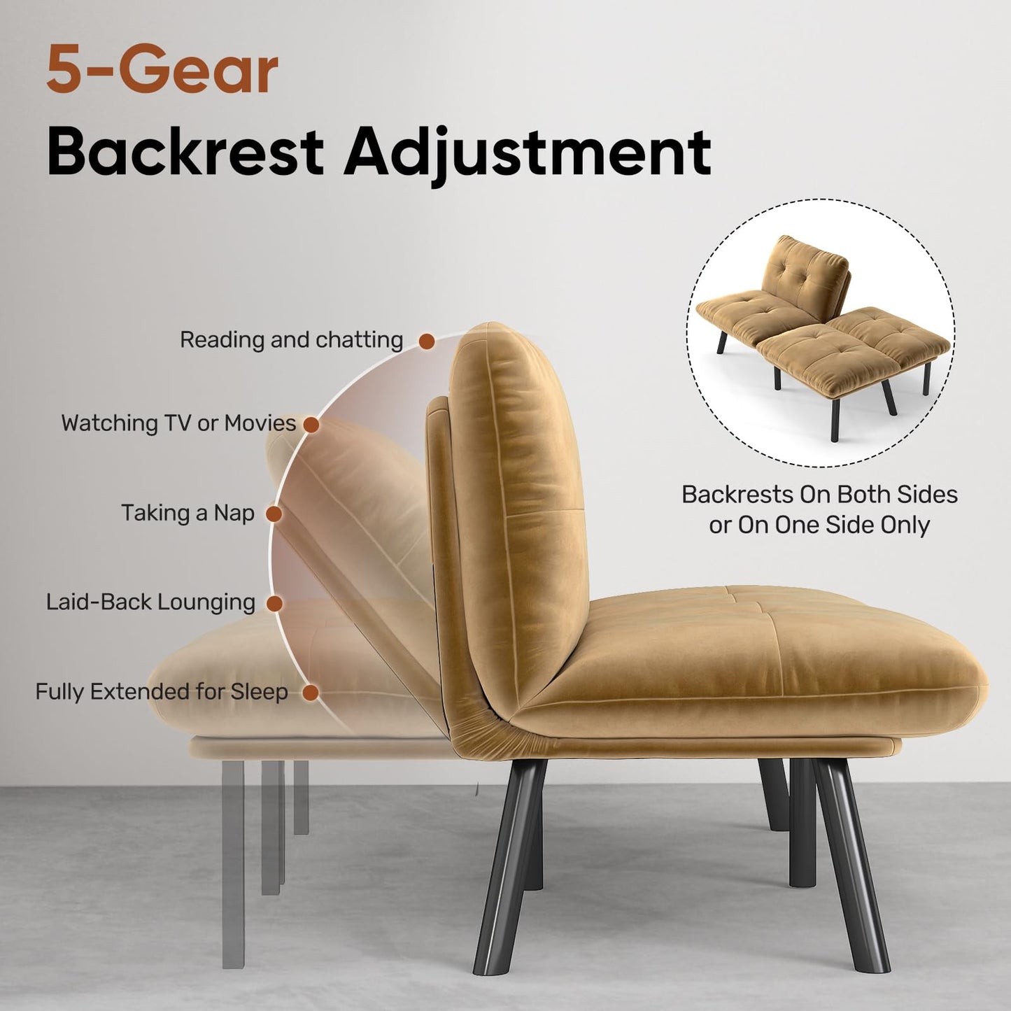 homeokay Futon Sofa Sleeper Couch Bed with Adjustable Backrest Thick Cushion Velvet Fabric for Department Living Room Lounge Sofa Loveseat (Brown)