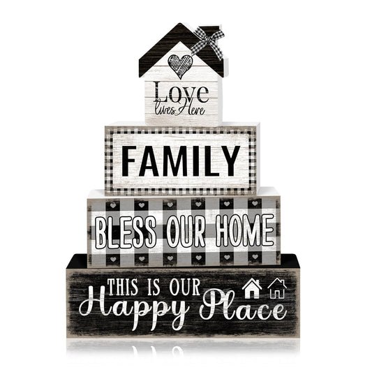4 Pcs Farmhouse Family Wooden Tiered Tray Decor Set, Rustic Bless Our Home Wood Table Decor Buffalo Plaid Distressed Stack Block Signs Tabletop Centerpieces for Home Kitchen Shelf Mantle Decorations