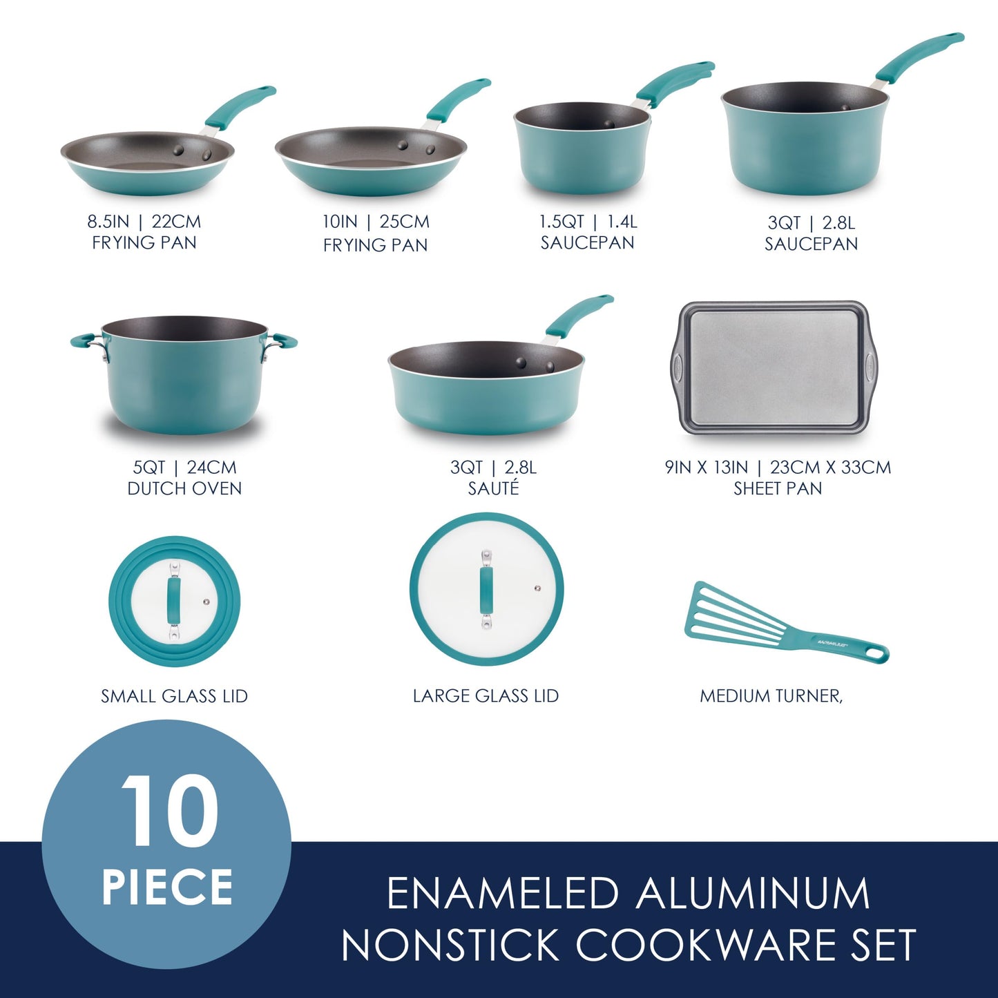 Rachael Ray Cook + Create Nonstick Cookware/Pots and Pan Set, 10 Piece, Agave Blue