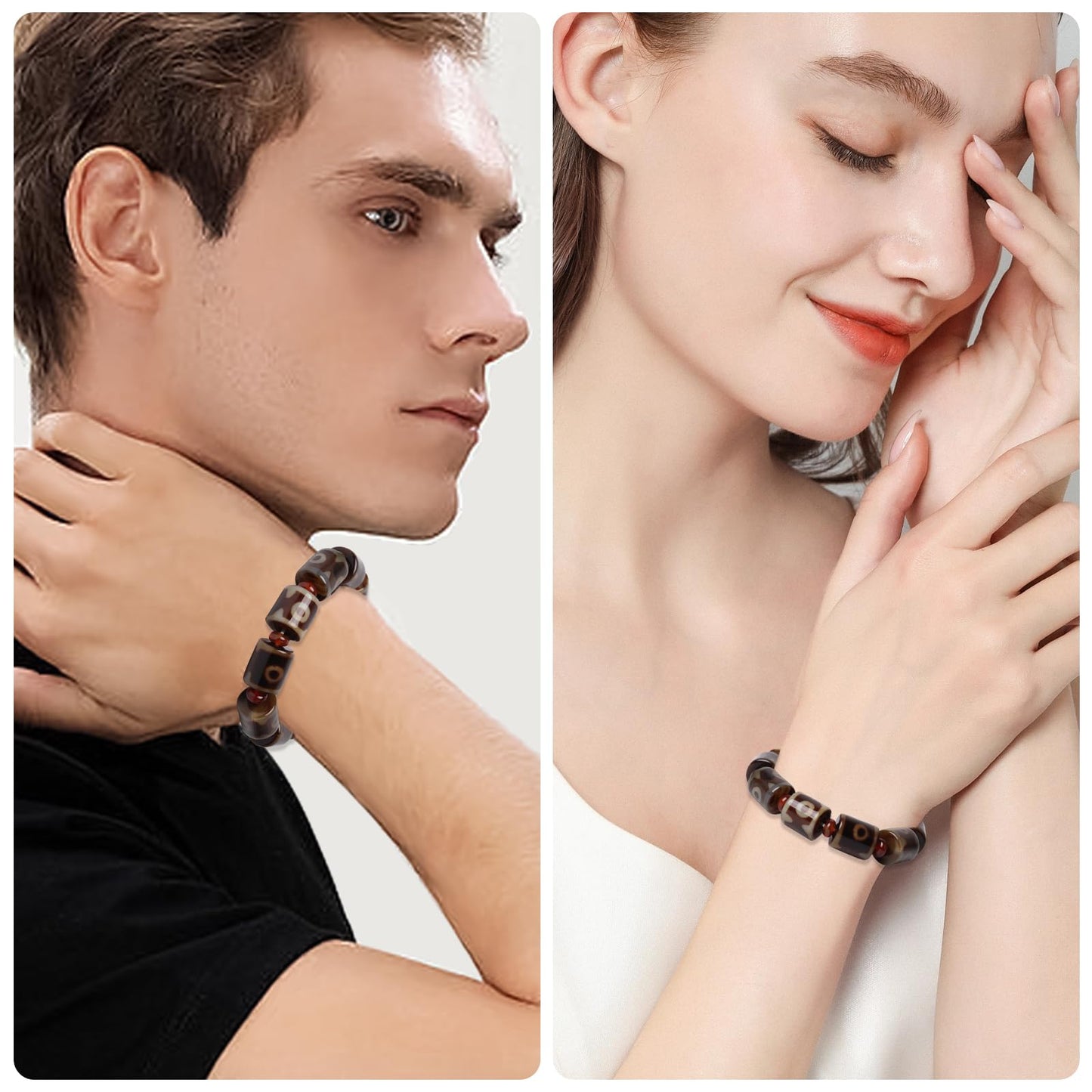 Rhinenet Tibetan Dzi Beads Bracelet Mala Beads Luxury Jewelry Agate Elastic Bracelet Amulet Bangle Attract Good Luck for Women Men (Dark Brown)