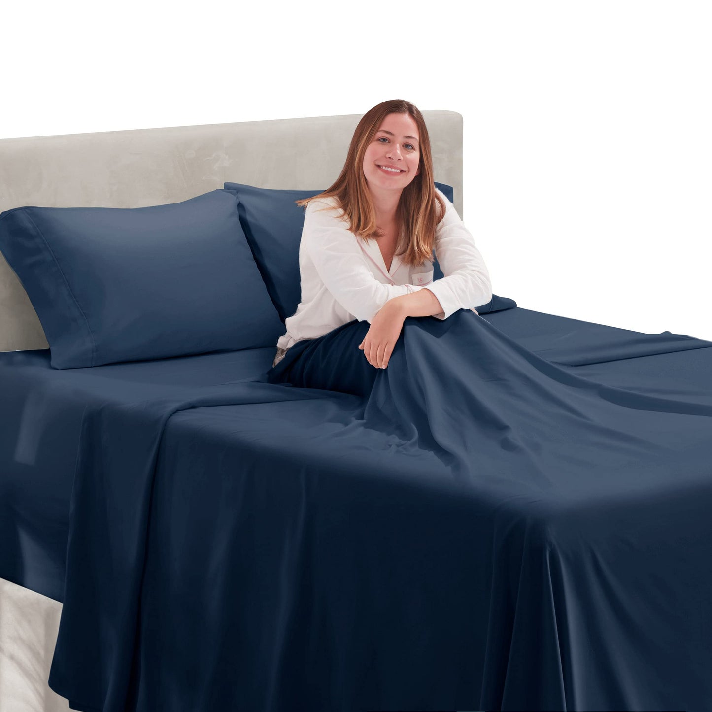 Hearth & Harbor Extra Deep Pocket Sheets - 4 Piece Hotel Luxury Sheet Set Fits Up to 24" Mattress - Ultra Soft Luxury Bed Sheet Set - Cal King, Navy Blue