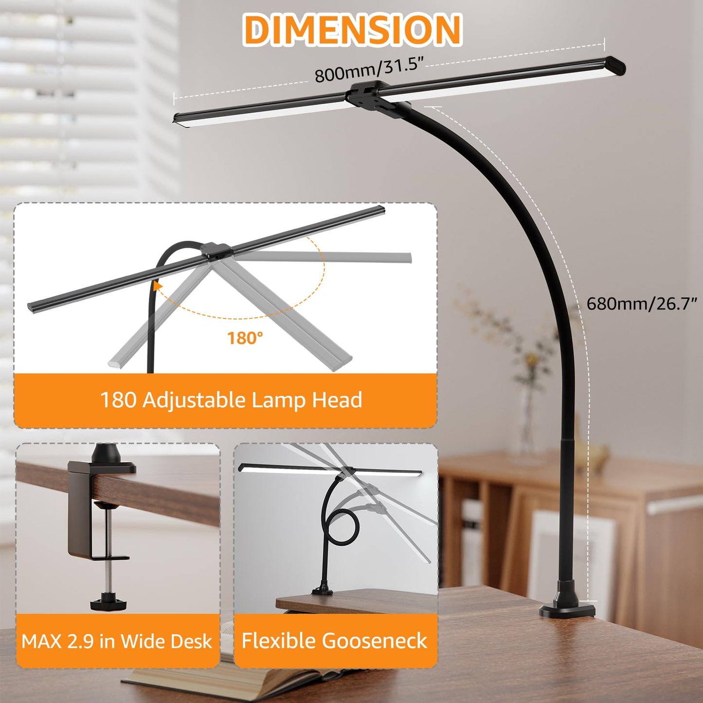 ShineTech Led Desk Lamp for Office Home, Bright Double Head Desk Light with Clamp, Architect Task Lamp 50 Lighting Modes Adjustable Flexible Gooseneck Lamp