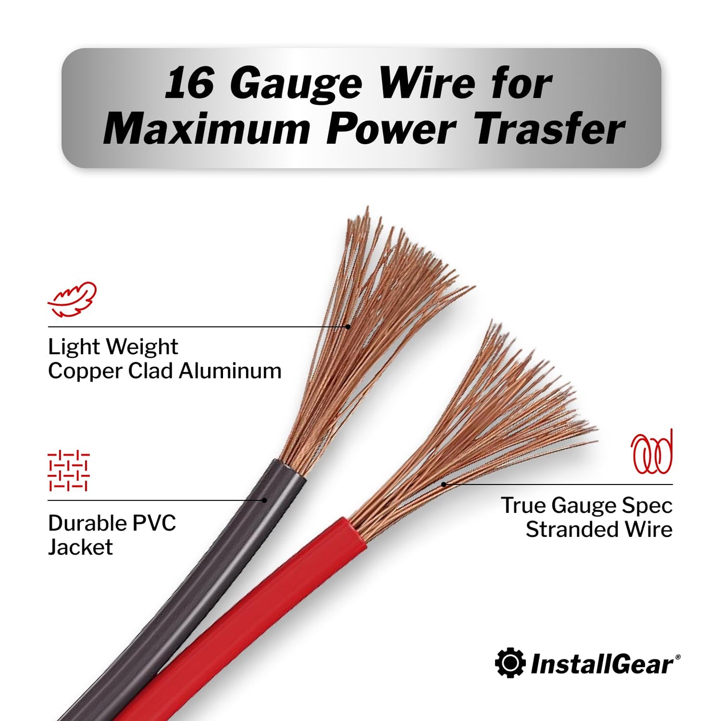 InstallGear 16 Gauge Speaker Cable - 100 ft True Spec Soft Touch Audio Wire for Car Stereos, Home Theater, Surround Sound - Flexible 16 AWG Speaker Wire - Easy Installation - Red/Black