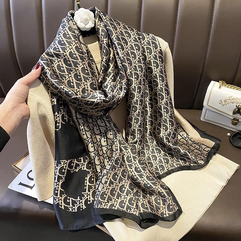 FairyCity Luxury Designer Silk Scarf, Black and Gold Pattern Monogram Print Square Shawl Wrap scarves