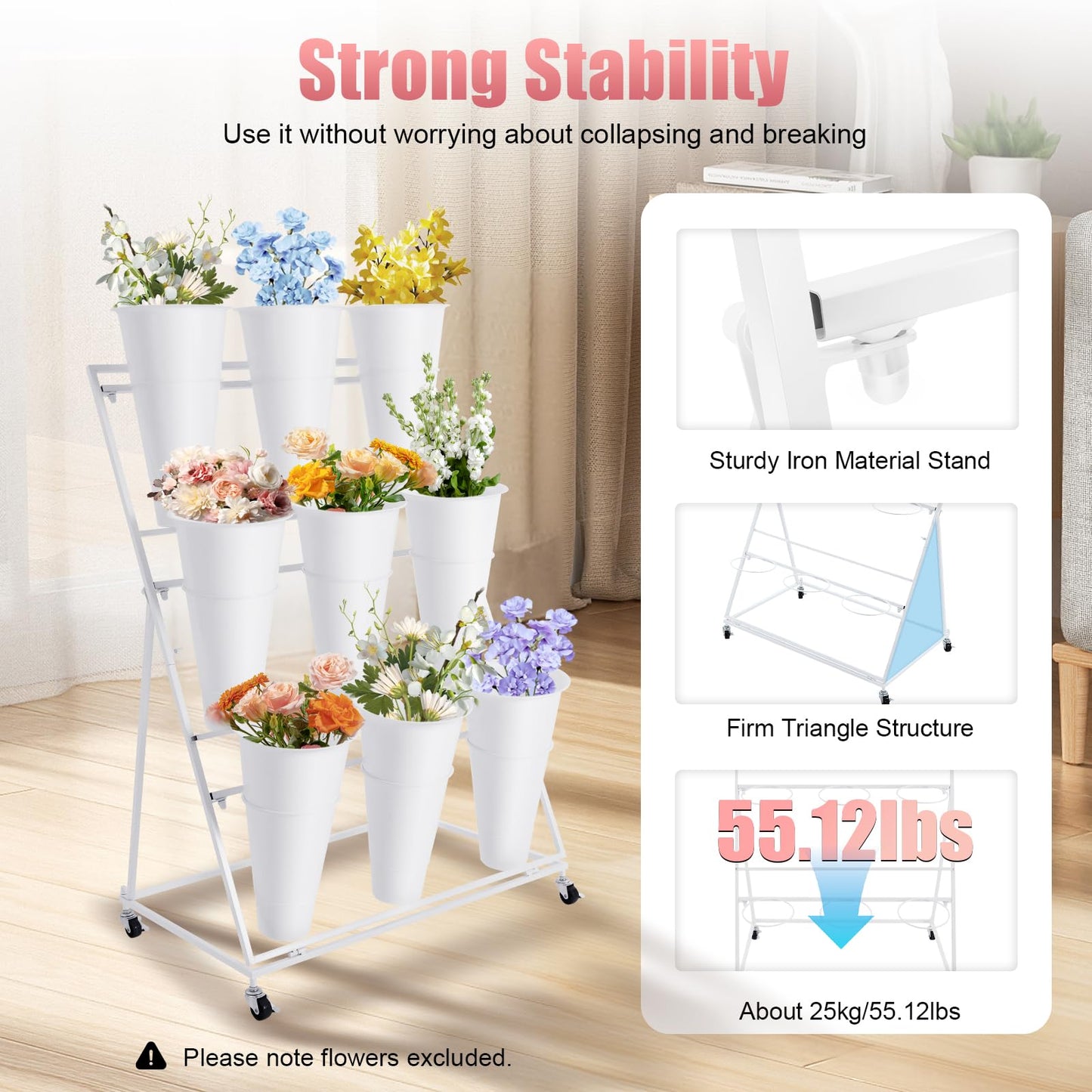 HuaShuani Flower Display Stand with 9 Buckets, 3 Tiers Metal Mobile Florist Bouquet Stand Flower Cart with 4 Wheels for Indoor Outdoor Patio Garden, Living Room, Florist