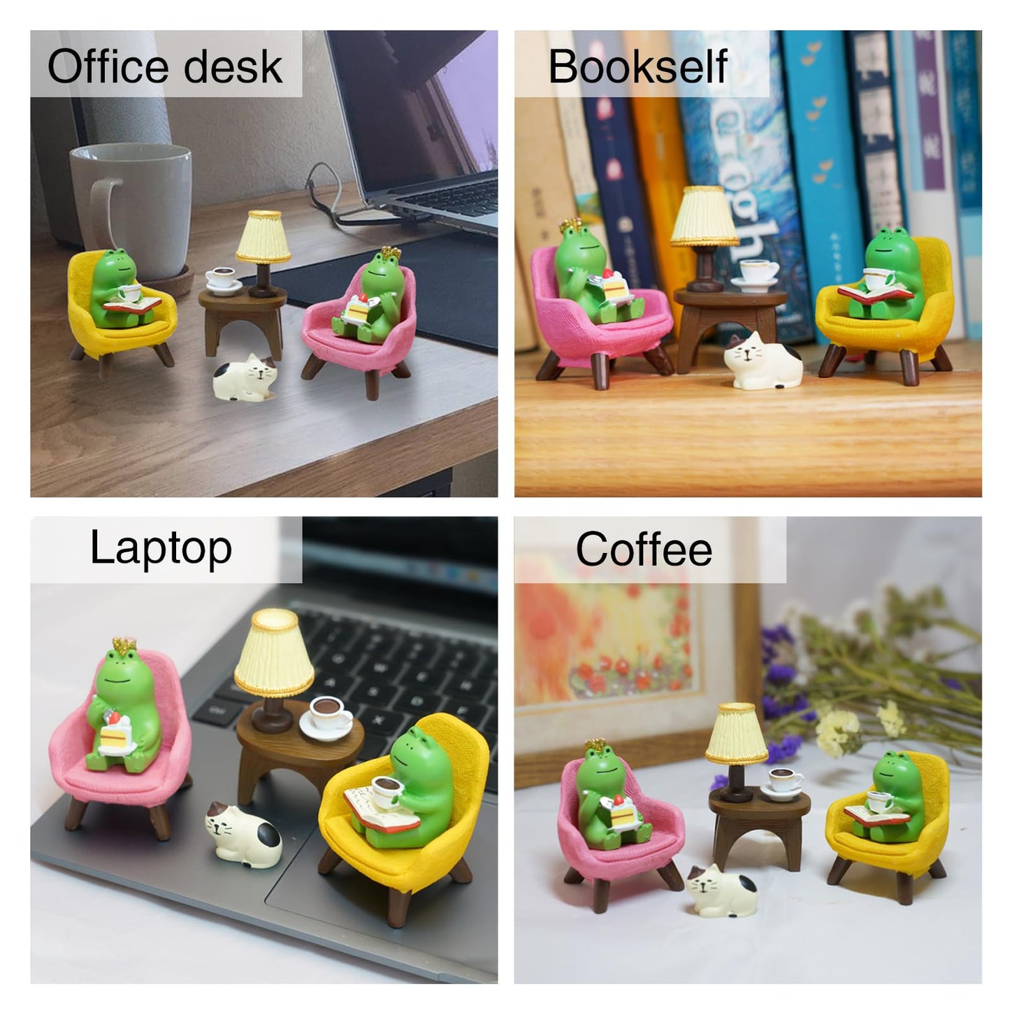 Inufcub Miniature Frog Desk Set with Sofa, Cat & Lamp - 6-Piece Cute Figurines for Office, Fairy Garden & Home Decor, Resin Gift for Frog Lovers