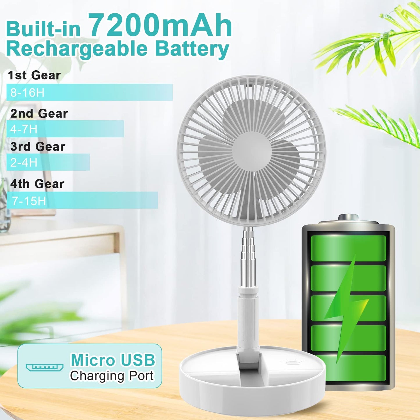 QUALORI Fan Collapsible for Traveling Foldaway Rechargeable Portable Folding Travel Fans Portable Pedestal Standing Fan Foldable Travel with 7200Mah Battery for Bedroom Home Office