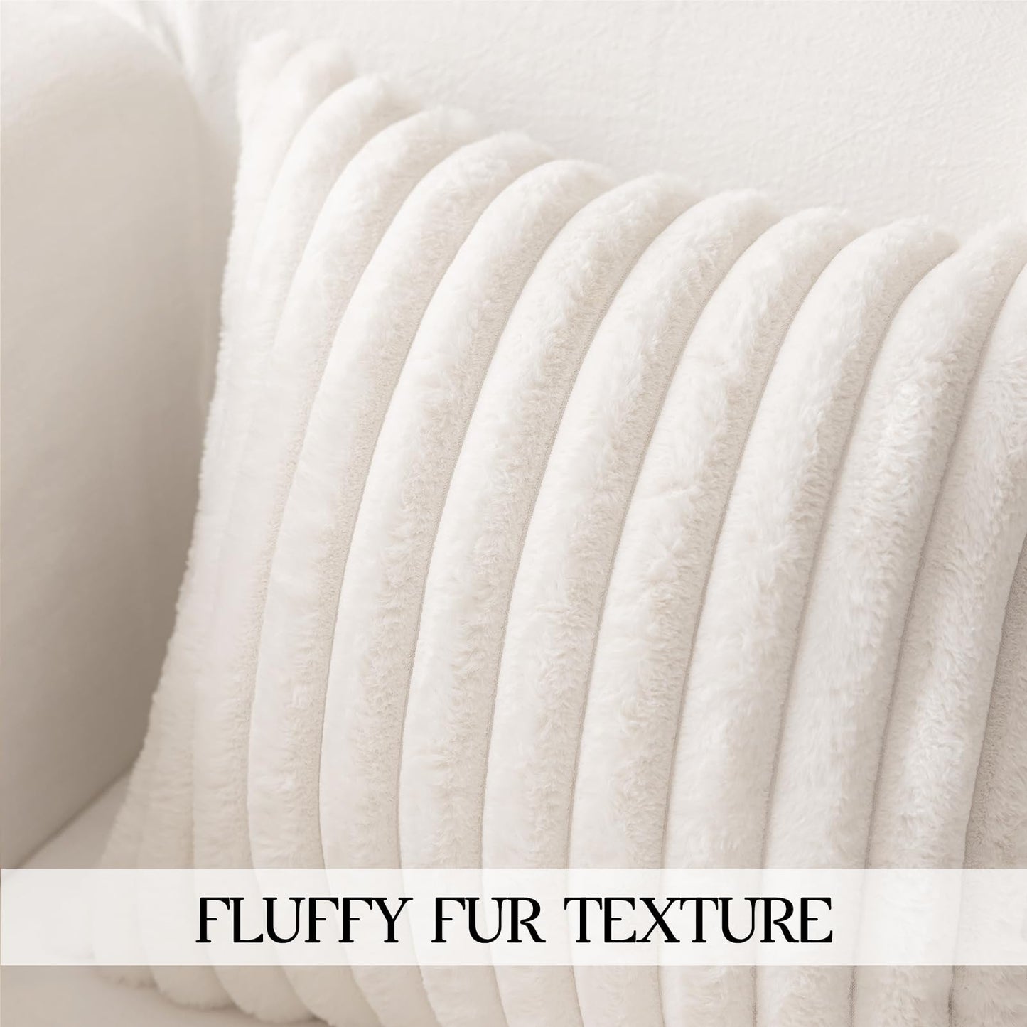 MOSAYT Faux Fur Throw Pillow Covers 18x18, Set of 2, Plush Velvet Soft Pillow Case,Fluffy Striped Decorative Couch Pillow Covers for Sofa, Bedroom, Living Room(White)