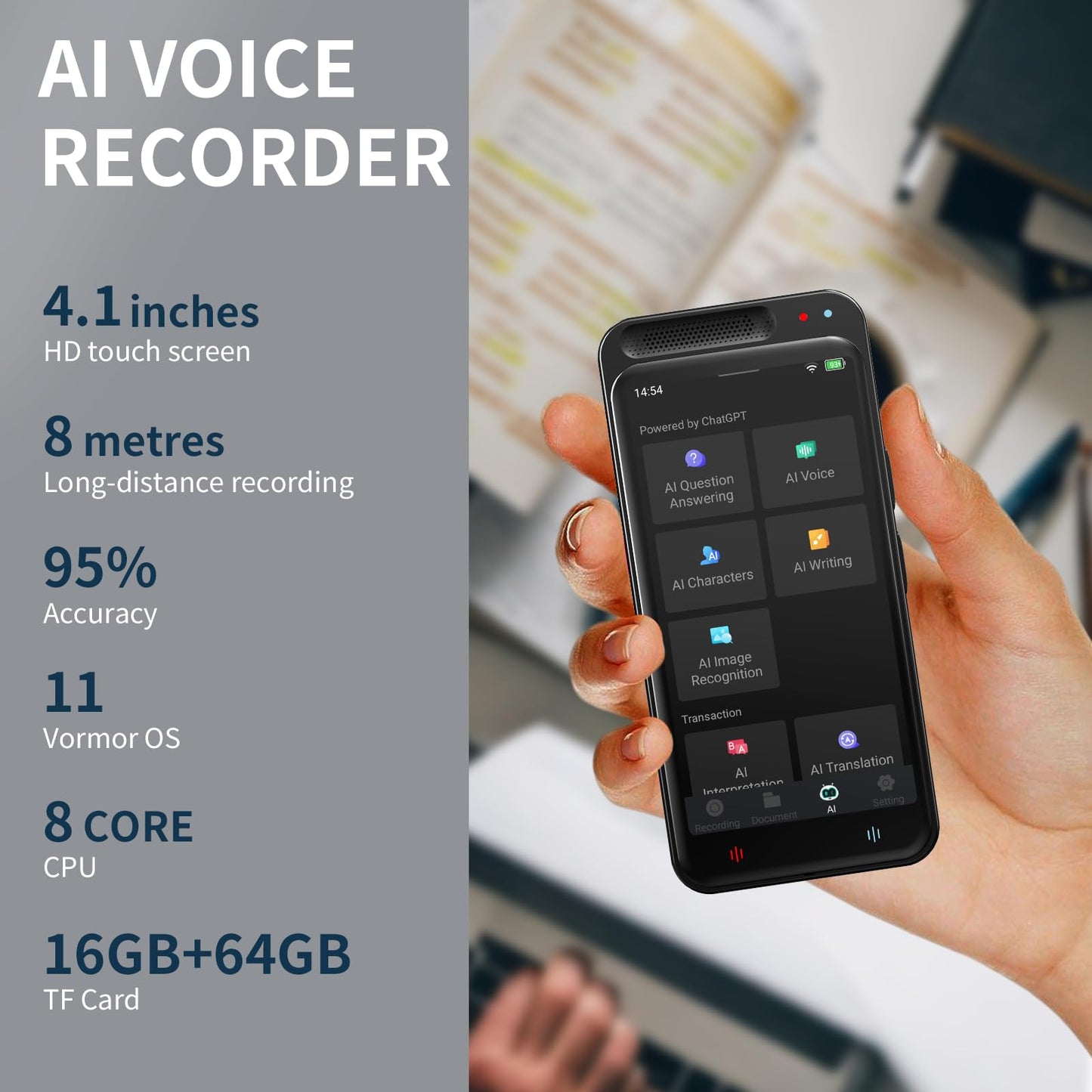 AI Voice Recorder with Playback, Digital Voice Recorder with AI Transcription, Summary, Translation, Full Touch Screen Recorder with 64GB, Audio Recorder Device for Meetings, Lectures, Interviews