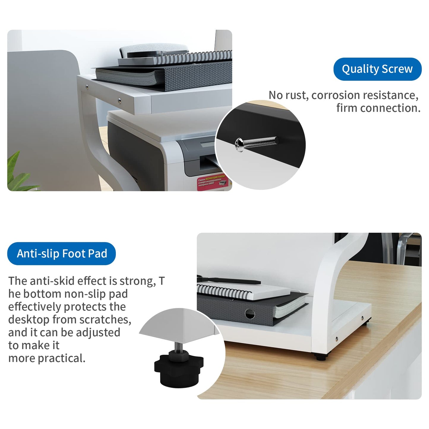 PUNCIA 2 Tiers Wood White Home Office Desktop Printer Stand Laser Printer Copier Stand with Storage Tabletop Heavy Duty Rack Desk Organizer Shelf Dual for Small Space Double Tiers Tray