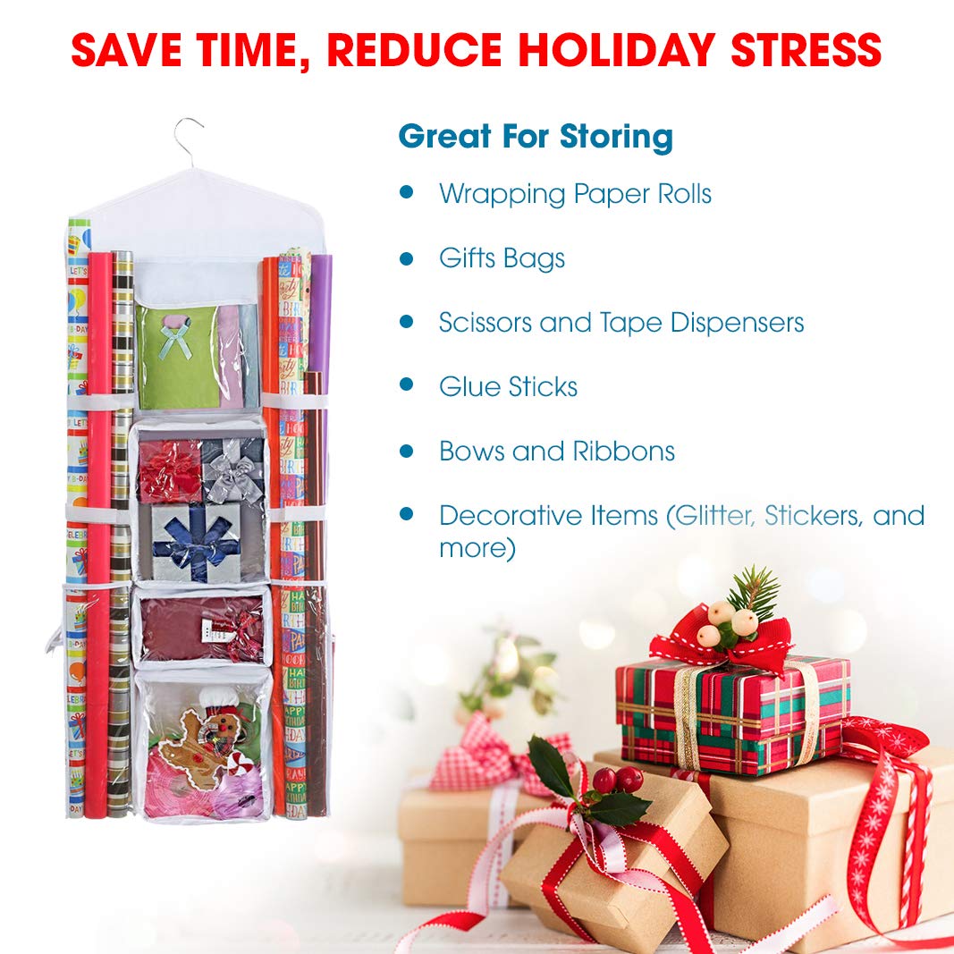 ProPik Hanging Double Sided Wrapping Paper Storage Organizer With Multiple Front And Back Pockets Organize Your Gift Wrap & Gift Bags Bows Ribbons 40”X17 Fits 40 Inch Rolls (White)