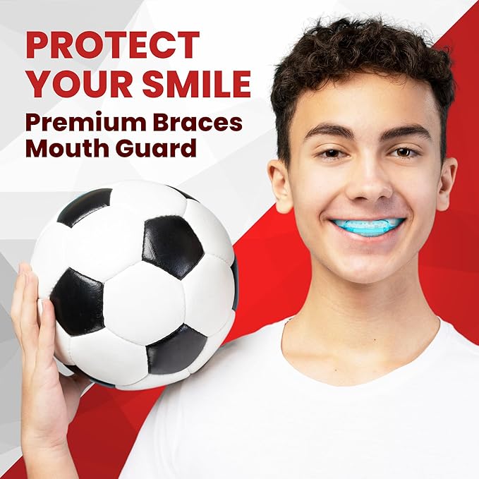 SafeGrin Blue Mouth Guard for Braces for Sports - Premium Silicone Teens & Youth Upper & Lower Teeth Protection for Sports - Football, Lacrosse, Hockey, Baseball