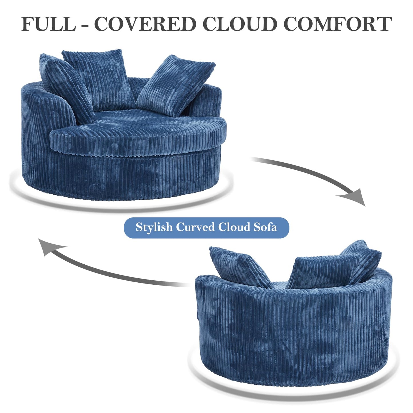 DIFYHOMEY 59 Inch Oversized Chaise Lounge Chair Indoor, Round Corduroy Chaise Lounge Sofa Bed with Throw Pillows and Backrest, Plush Sleeper Chair Bed for Living Room Bedroom,No Assembly Required