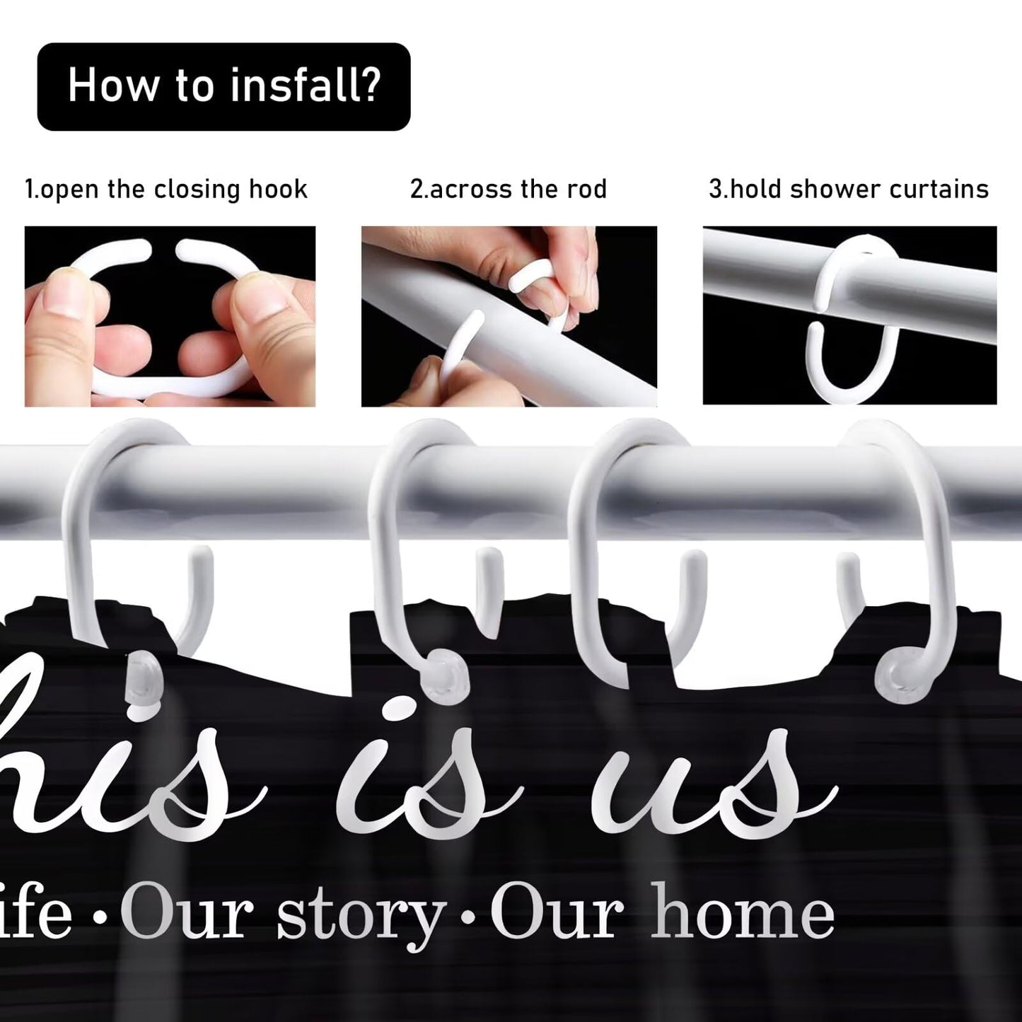 AZHM Family Shower Curtain Set Black Home Bathroom Set with Shower Curtain and Rugs and Accessories Bathroom Decor Curtain with 12 Hooks