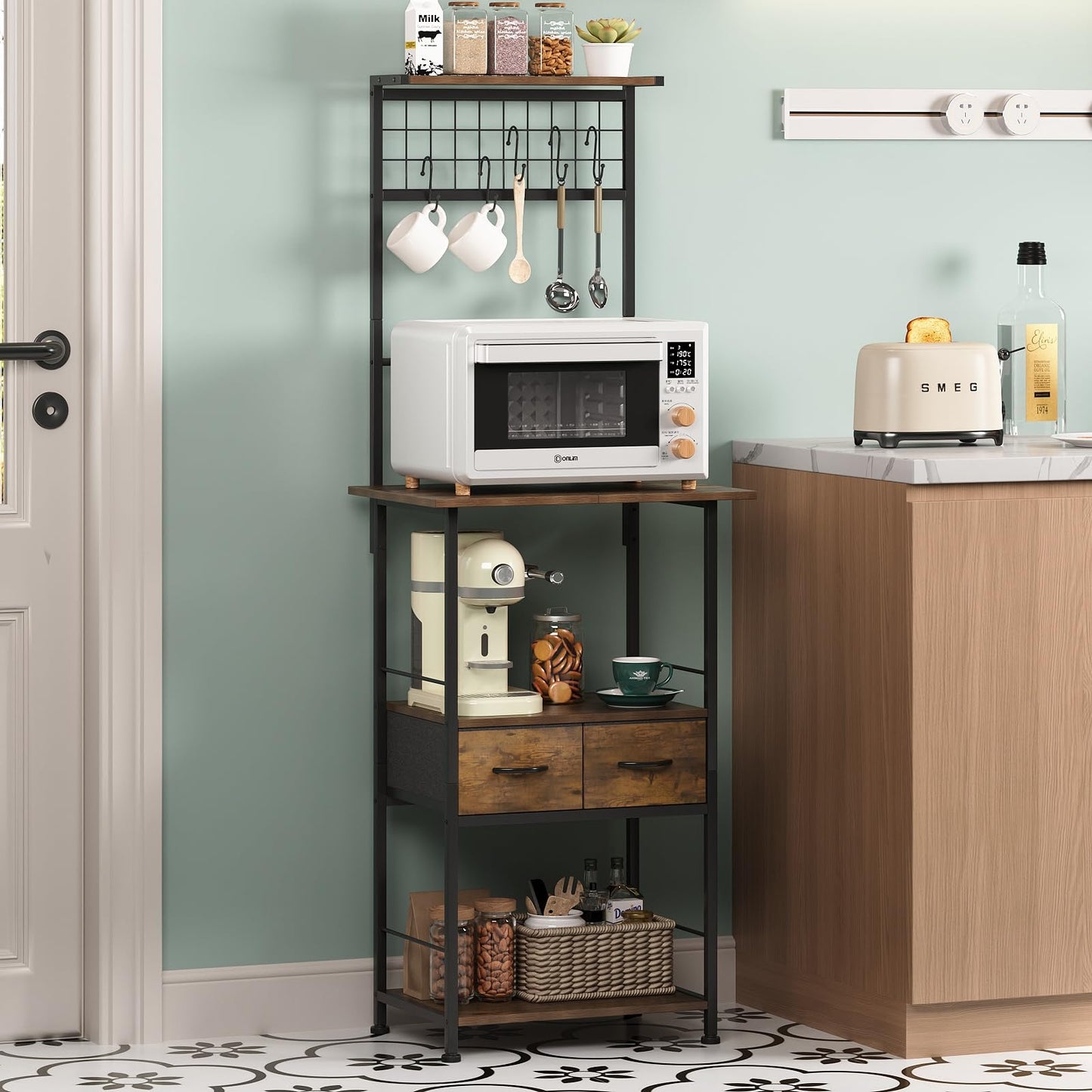 GiftGo Small Coffee Bar Station Narrow Corner Baker Rack Stand with 2 Storage Fabric Drawers 5 S Hooks for Small Spaces Farmhouse Bakers Rack for Kitchen, Entryway, Living Room (Brown, Narrow)