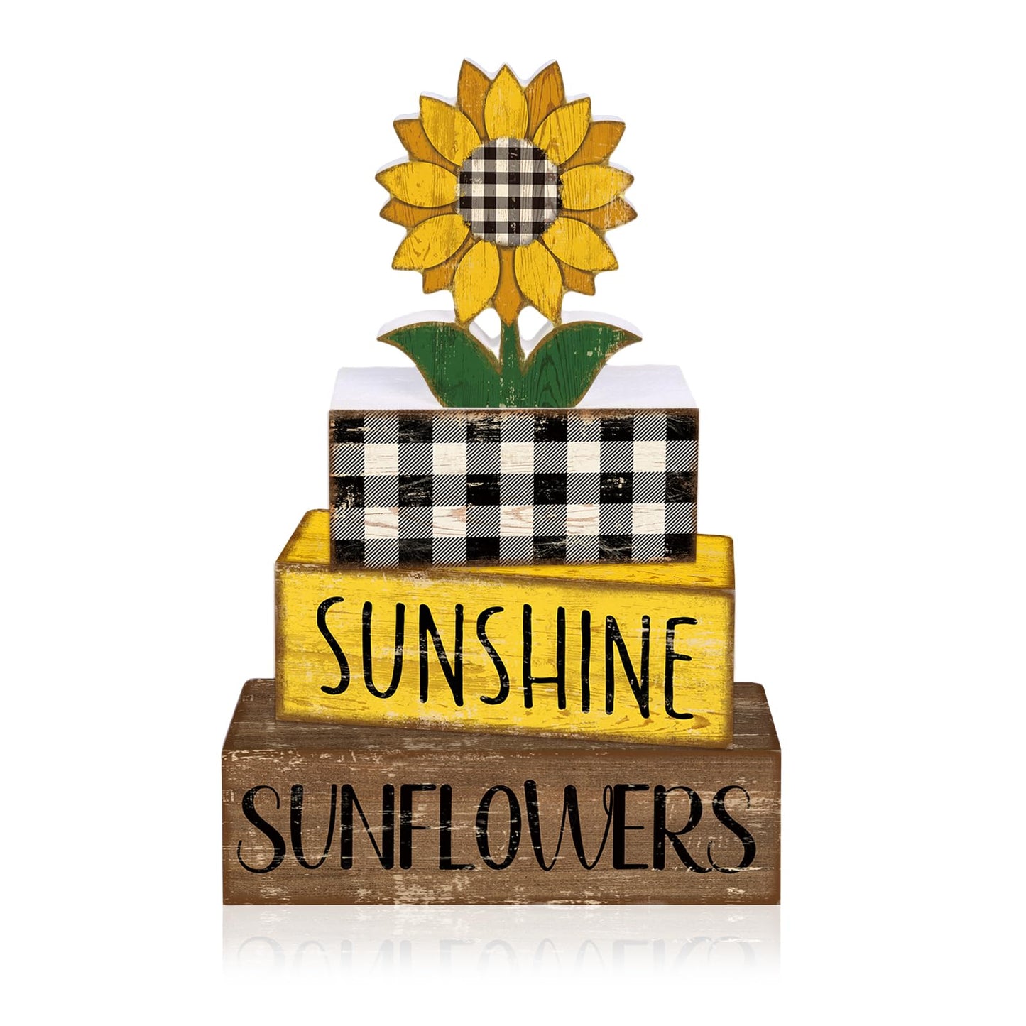 Britimes 4 Pcs Summer Sunflower Decor Wooden Tiered Tray Sign, Farmhouse Rustic Decorative Book Stack Block Sunshine Table Centerpieces for Home Shelf Table Decorations (Sunflower)
