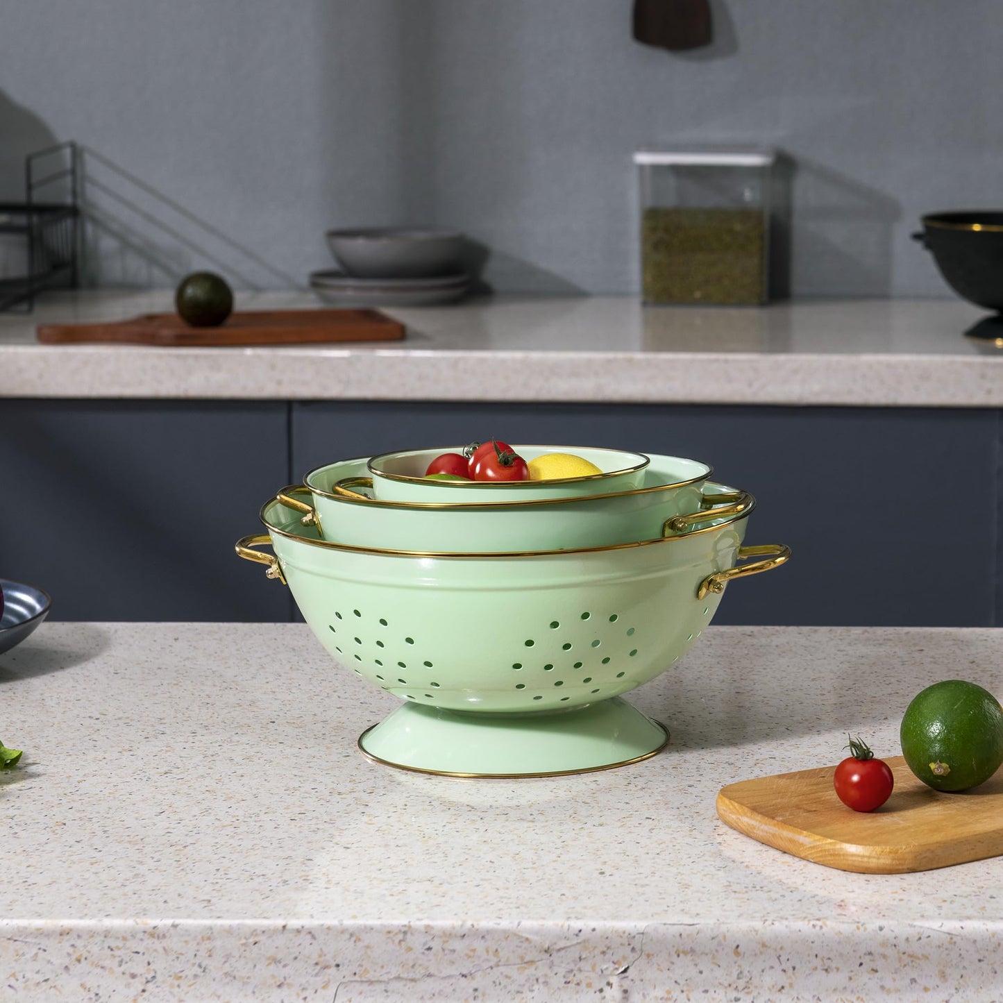 Metal Colander Set of 3, Strainer Basket with Handles perfect for Spaghetti, Pasta, Berry, Vegetable, Fruit, Solid Base Powder Coated Kitchen Essential Strainer Set, 1 & 3.5 & 5 Qt (Green)