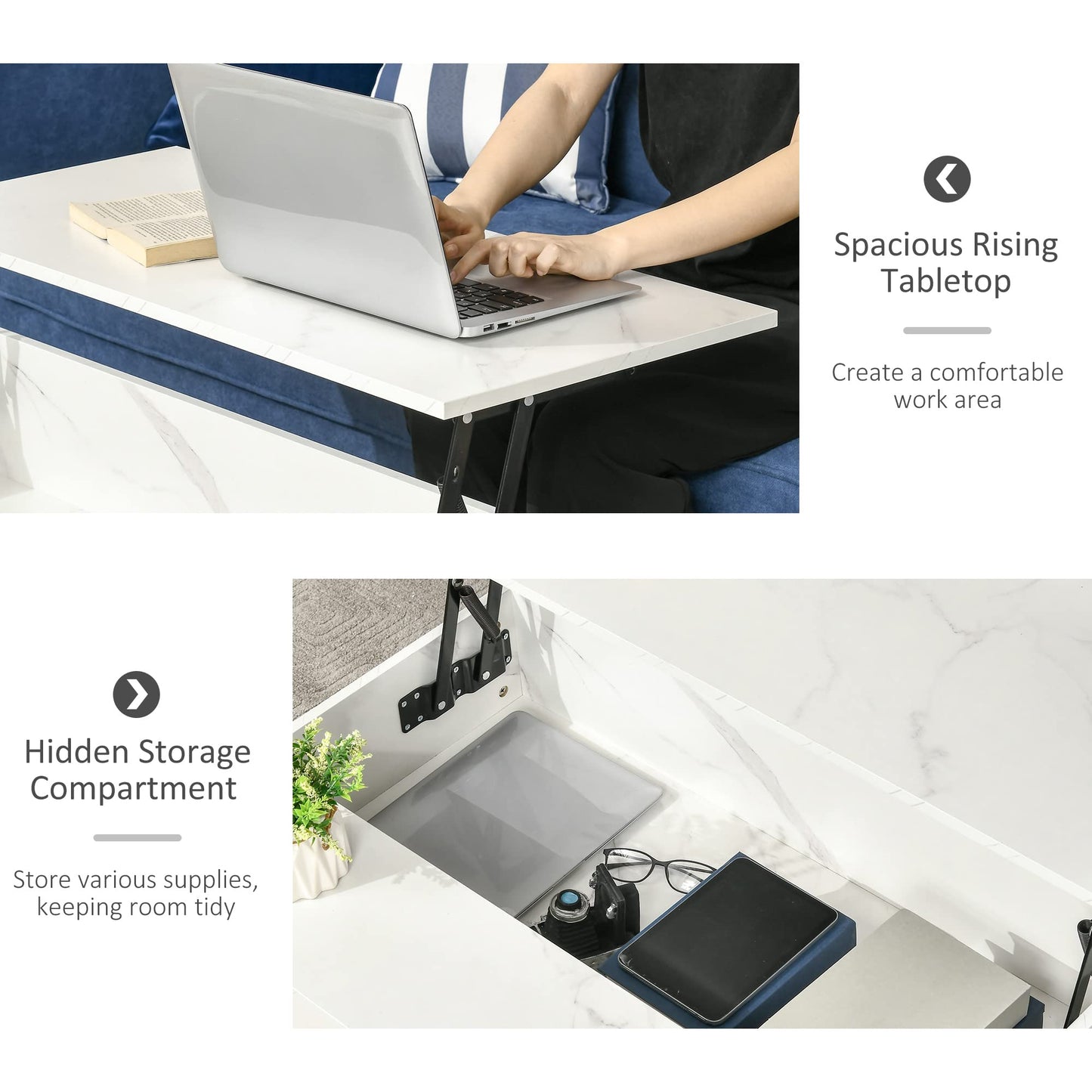 HOMCOM Modern Lift Top Coffee Table with Hidden Storage Compartment and Metal Legs, for Living Room, Home Office, White