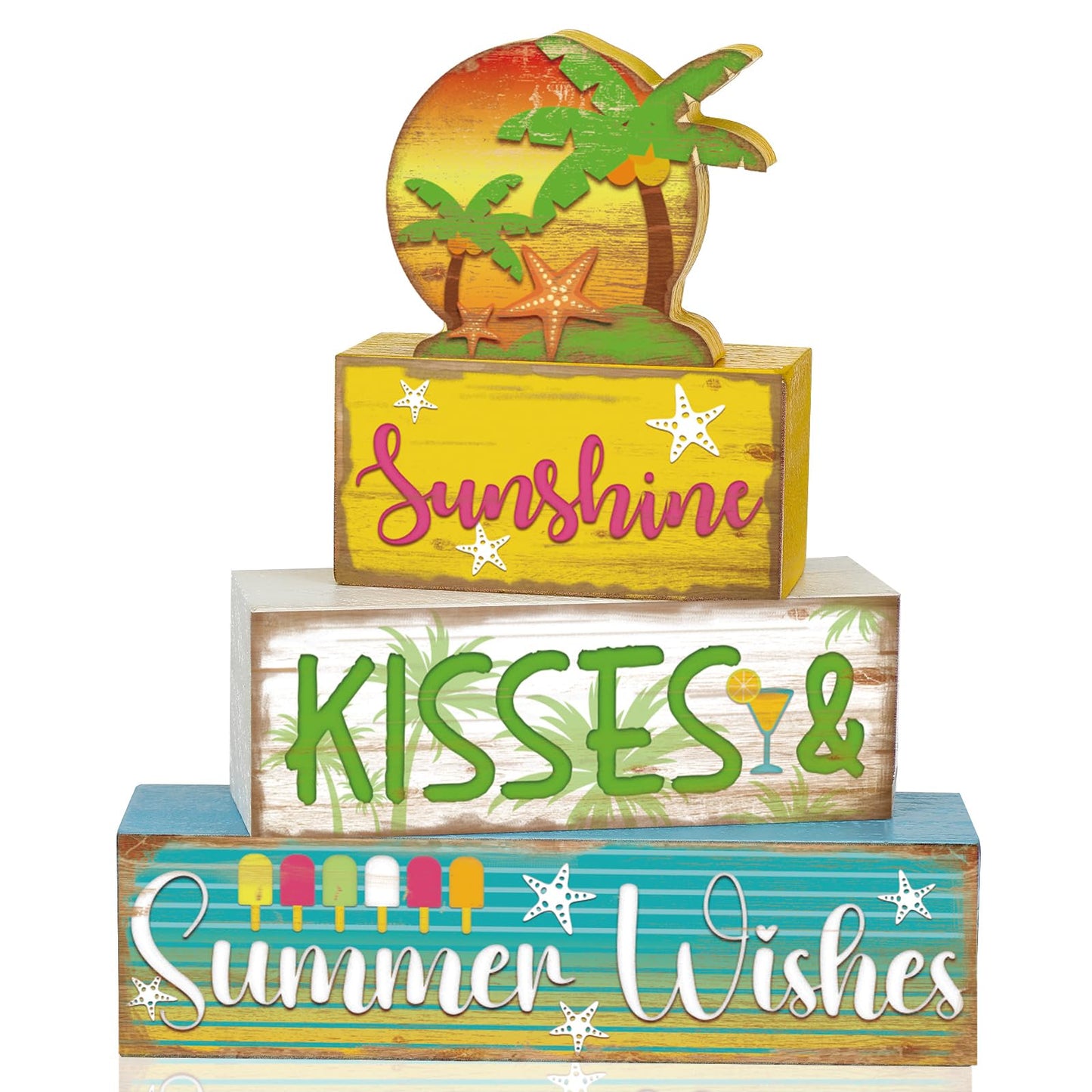 Burbell 4 Pcs Summer Wooden Tiered Tray Decor Farmhouse Rustic Table Decor Books Stack Block Signs for Table & Home Office Decorations(Hawaii Style)