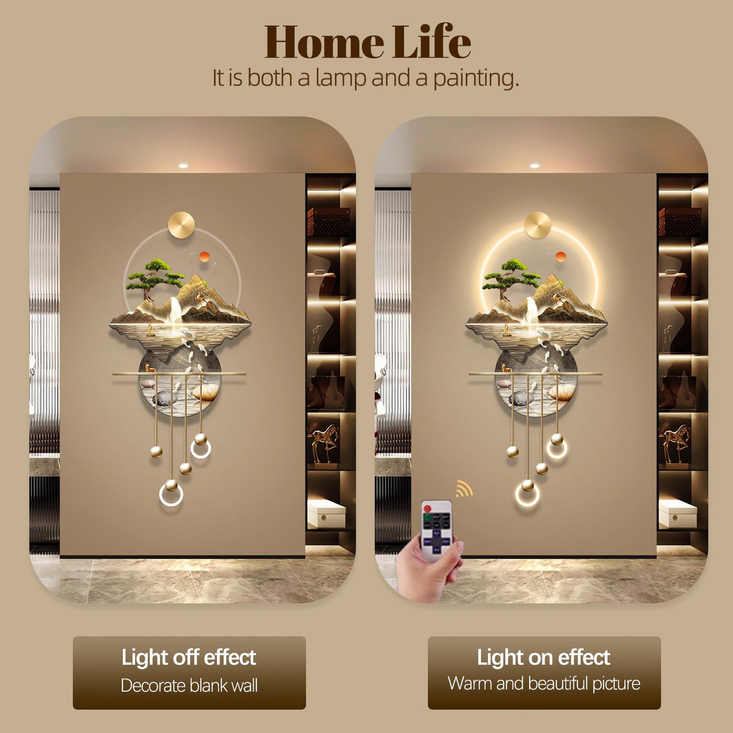 XQDYSG LED Light Decor Wall Art, 3D Art Wall Decor with Light, Decors Walls Sculptures Large 3D Art, Decors Walls Sculptures Lighting Modern, Plug-in Power Supply, Gold F, 23x53IN