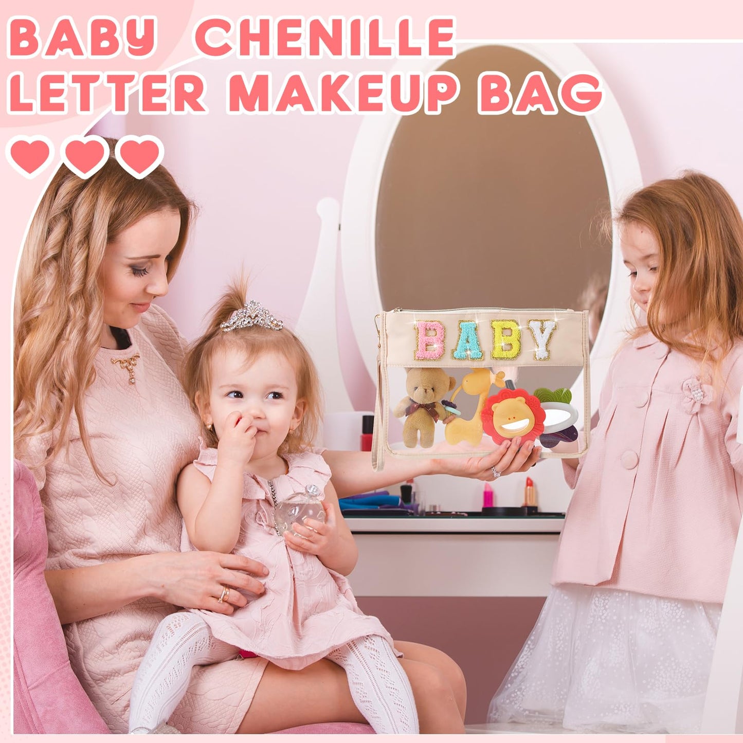 Hillban 2 Pcs Baby Bag Set Chenille Letter Bags Preppy Patch Makeup Pouch Baby Travel Pouch Waterproof Portable Toiletry Storage for Women Mom