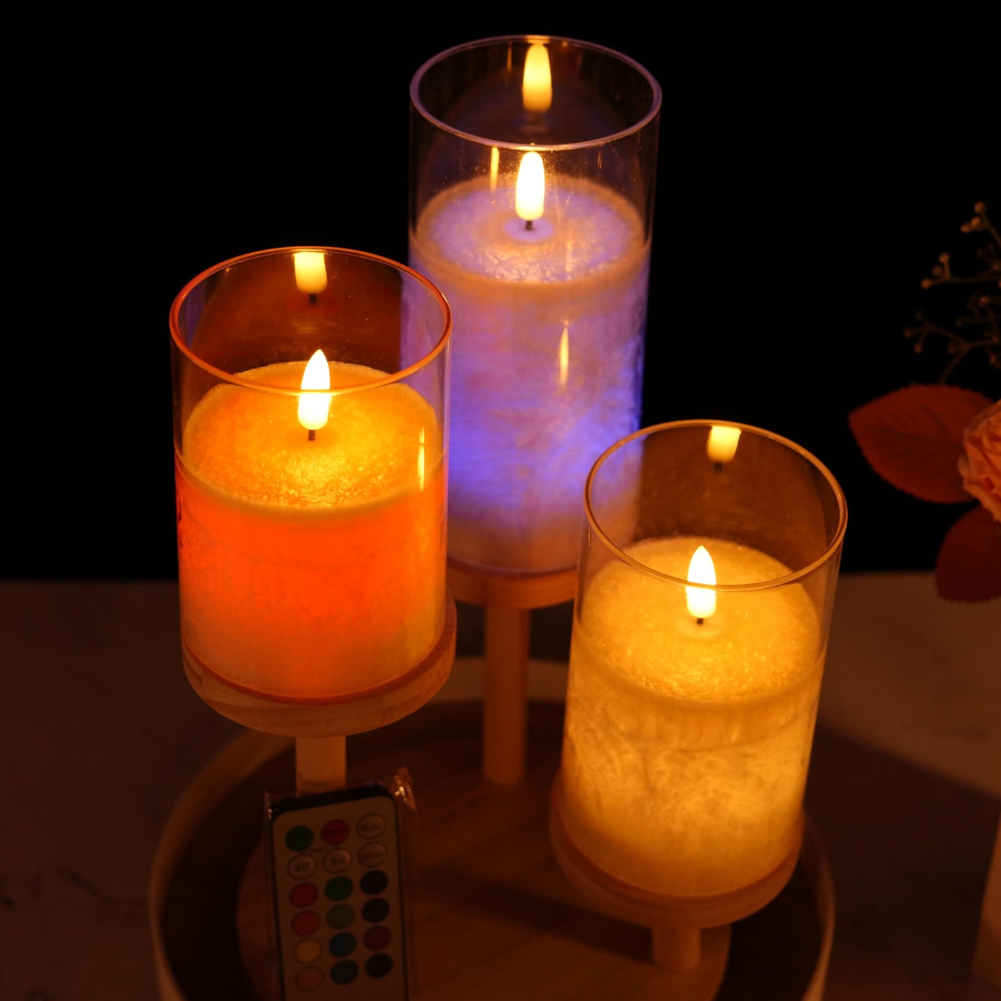 NICEME 12 Multi Colored Flickering LED Flameless Candles with Remote Control Timer Color Changing Candles Real Wax Battery Operated Candles with Flickering Flame Crystal Texture Design, D3”xH4 5 6”