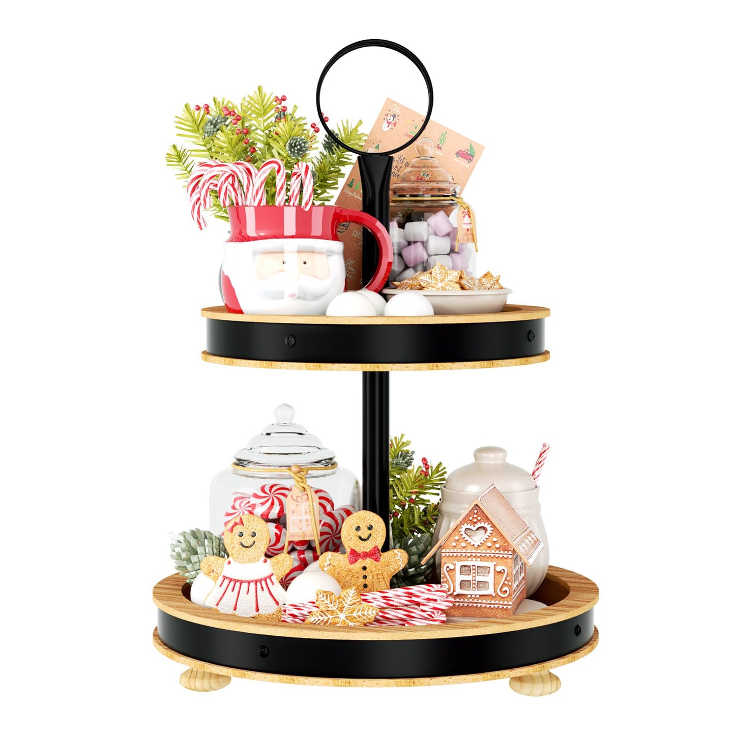 Urban Deco Wood Tiered Tray - 2-Tiered Farmhouse Serving Tray with Metal Handle for Kitchen Counter or Living Room Table