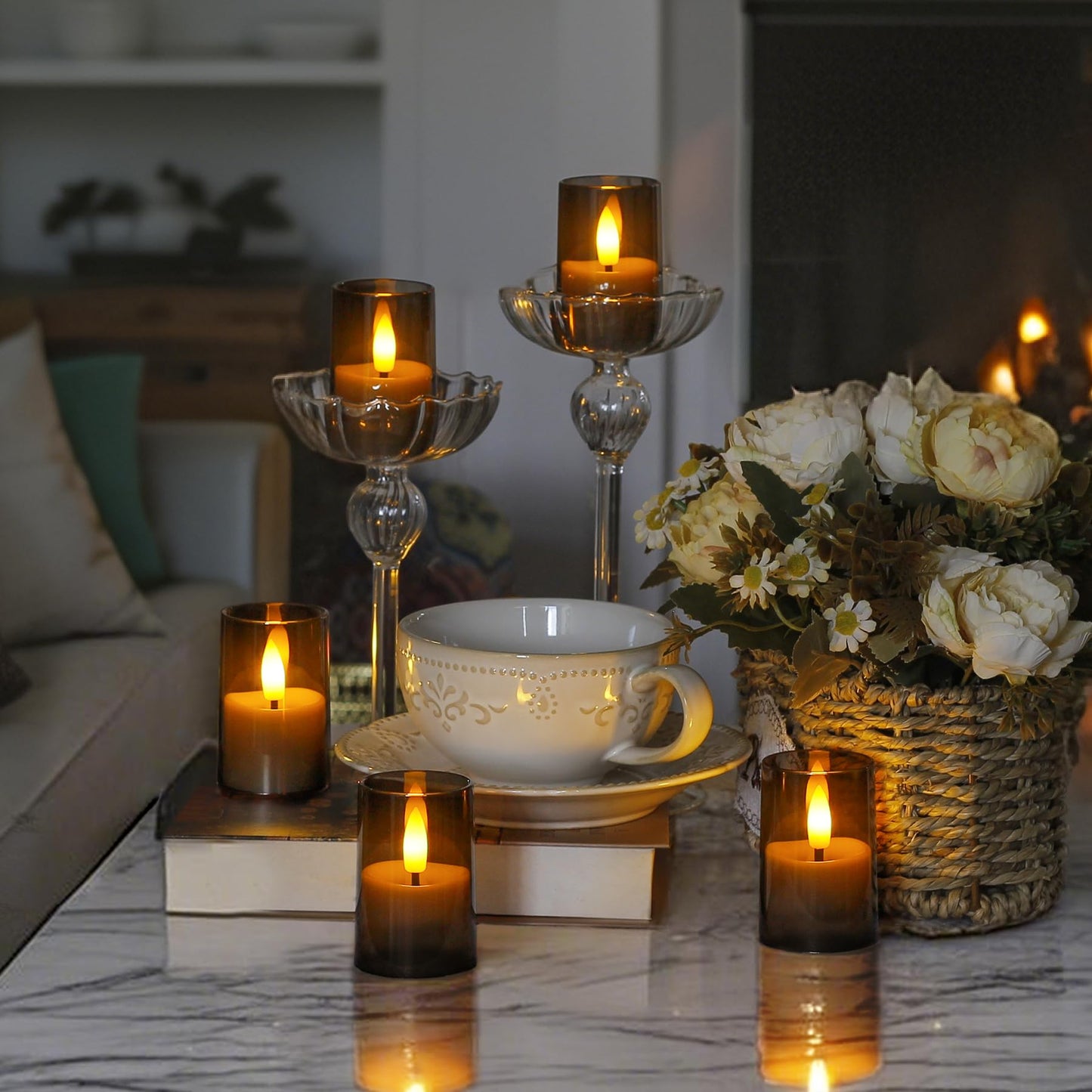 Wroxipel Rechargeable Acrylic Flameless Votive Candles with Timer & Remote Control, 1.7" x2.5" Flickering LED Warm Glow Tealight for Home, Wedding, Holiday Decor (Set of 6, Grey)