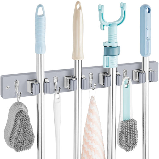 Mop and Broom Holder Wall Mount - Rustic Wood Broom Mop Hanger - Wall Mounted Garden Tool Rack Organizer for Closet Garage Laundry Room Kitchen Decor With 4 Slots & 4 Hooks