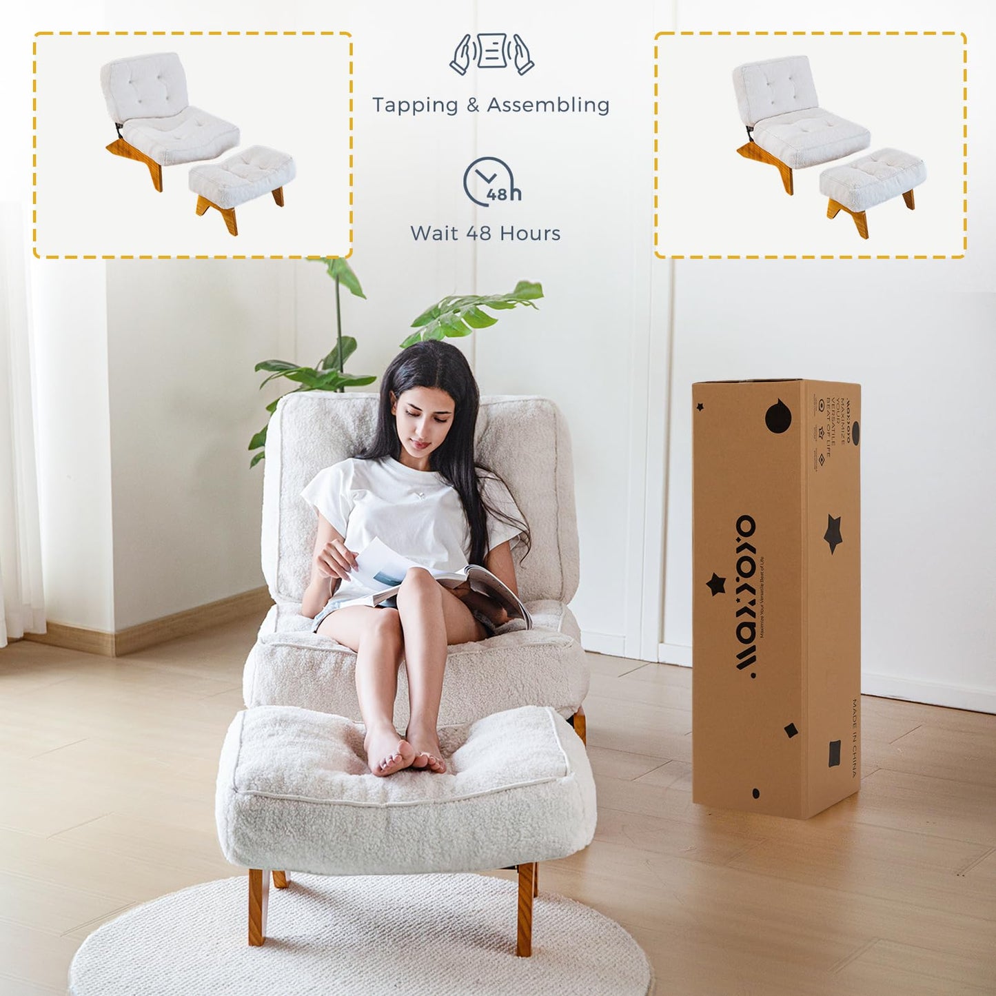 MAXYOYO Adjustable Accent Chair with Ottoman, Thick Cushion Seated Lounge Chair Reclining Chair for Living Room, Cozy Recliner and Footrest Set, Beige