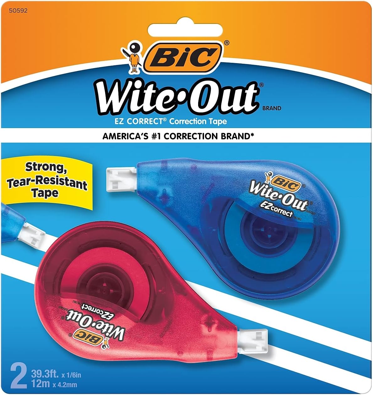 BIC Wite-Out Brand EZ Correct Grip Correction Tape, 33.5 Feet, 2-Count Pack of white Correction Tape, Fast, Clean and Easy to Use Tear-Resistant Tape Office or School Supplies