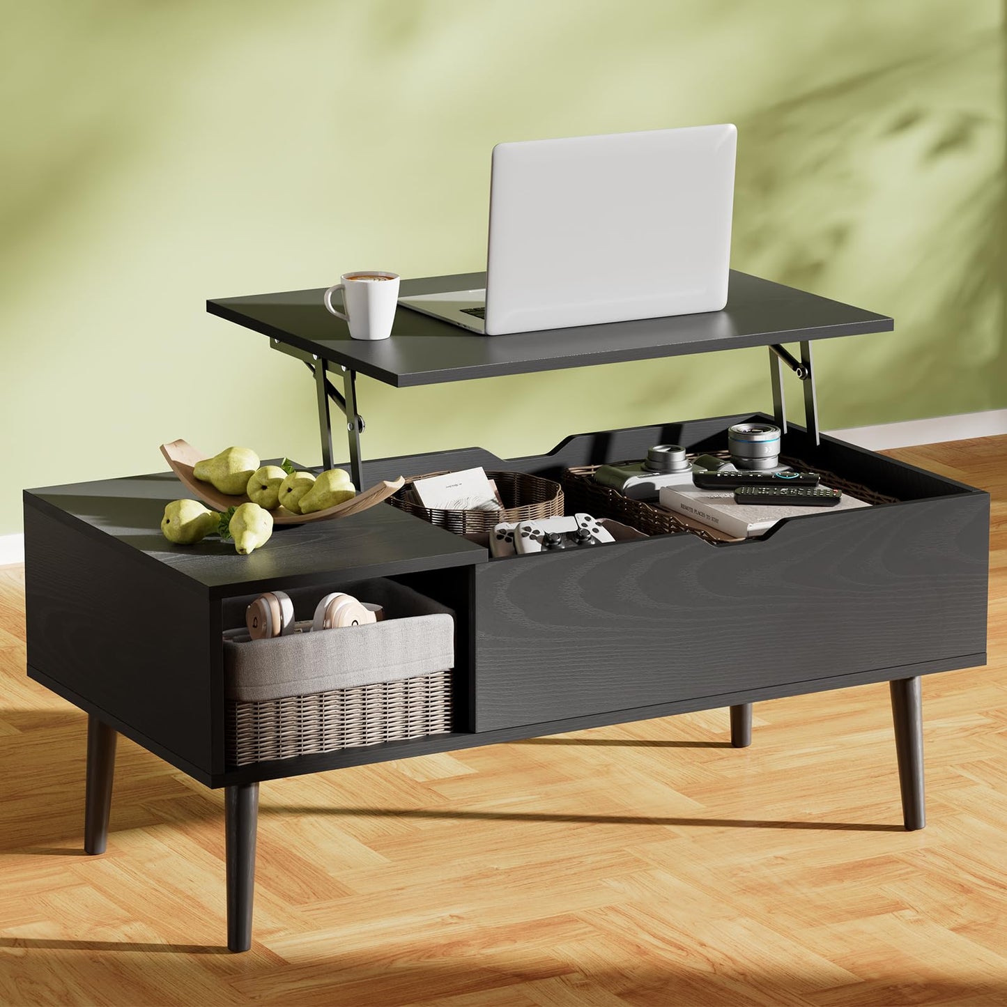 OLIXIS Wooden Coffee Table, Lift Top Coffee Table with Large Hidden Compartment and Ample Storage Shelf, Lift Tabletop Dining Table for Living Room, Home Small Space, Charcoal