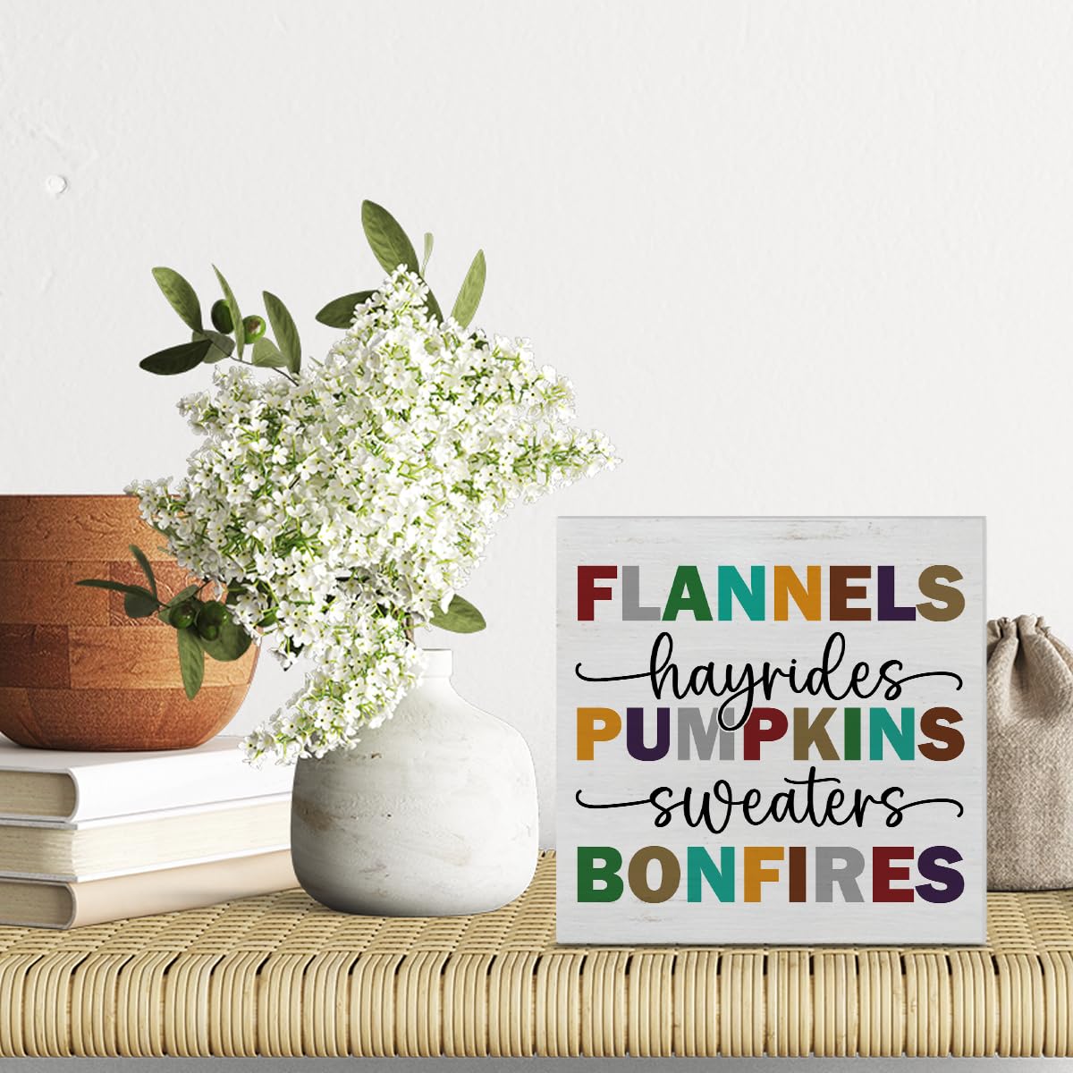 Fall Home Decor Autumn Wood Plaque Block Sign Farmhouse Fall Decorations for Desk Table Shelf 5 X 5 Inches